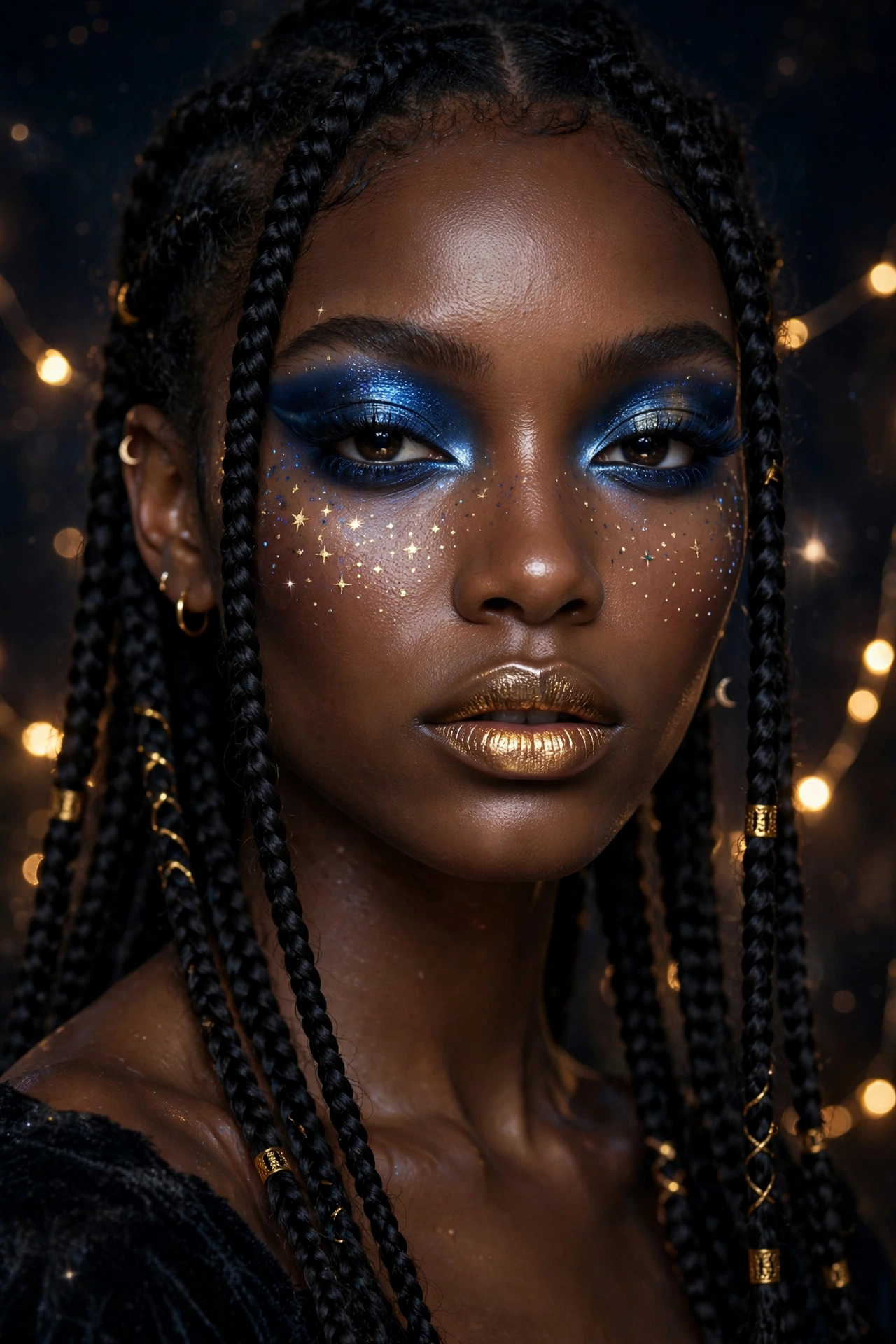 Photorealistic portrait of a woman wearing celestial cosmic witch makeup with gold stars