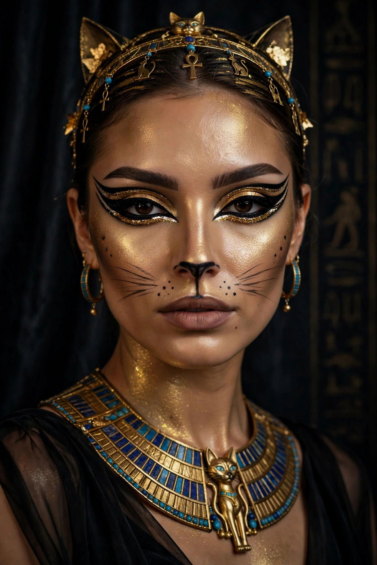 Woman with Egyptian Bastet goddess cat makeup for Halloween party, dramatic gold eyeliner