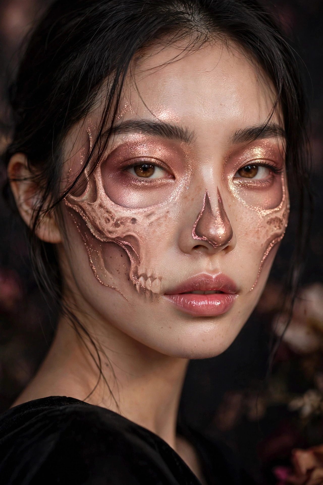 Woman with rose gold glam skull Halloween makeup