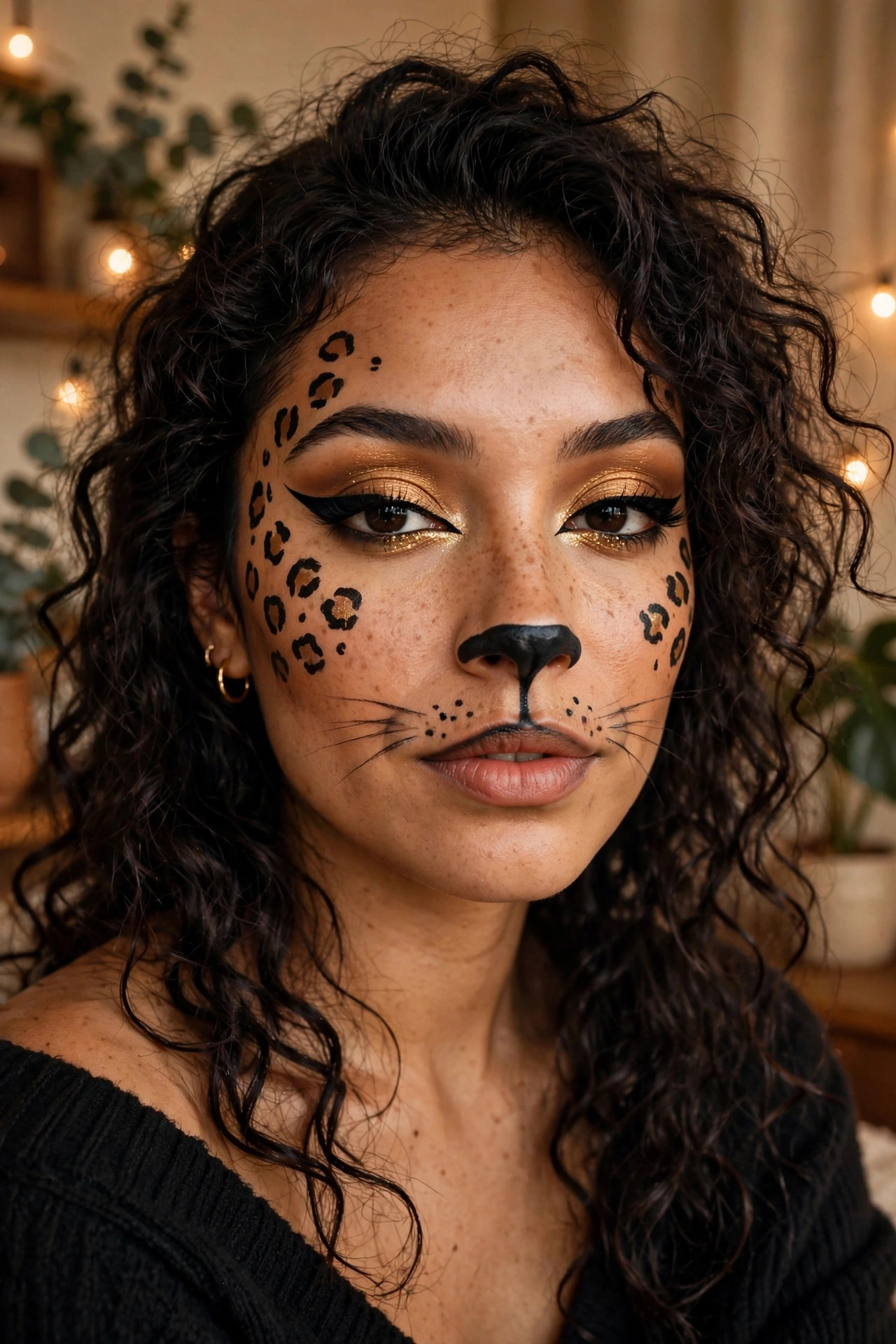 Woman with leopard-print cat Halloween makeup, hand-drawn spots on temples and cheeks