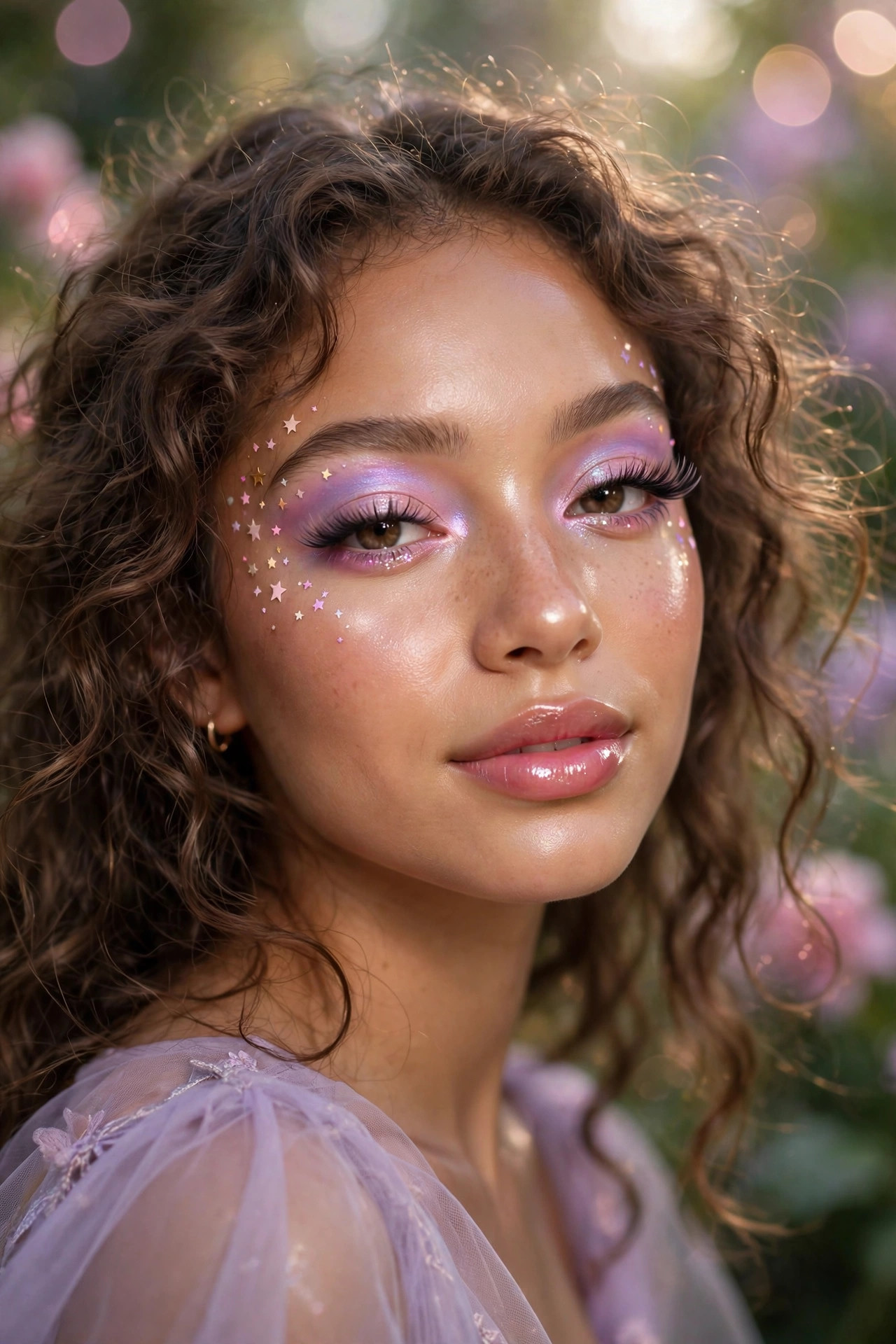 Young woman with glowing fairy Halloween makeup, pastel shimmer, and star decals