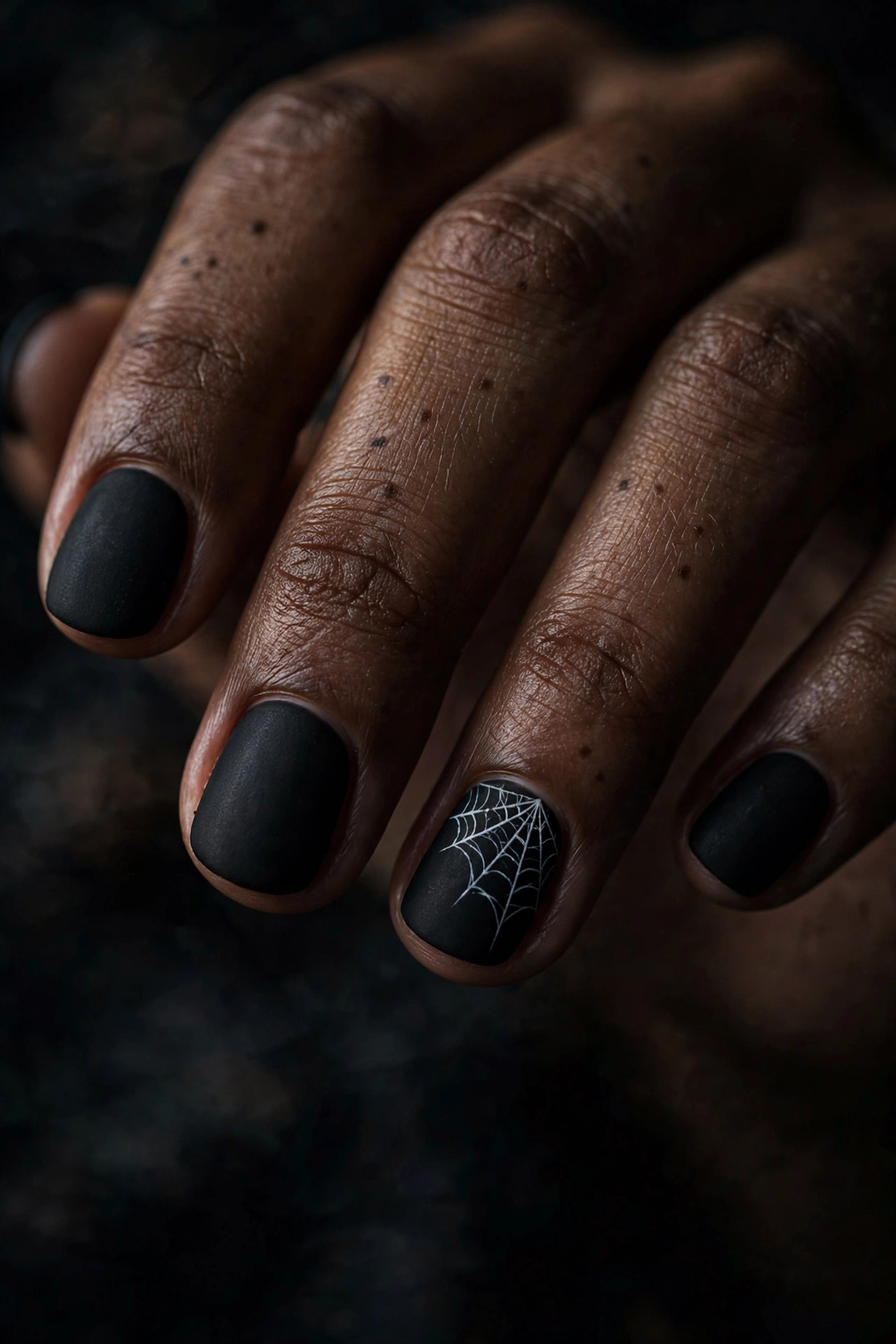 Short nails with matte black polish and white spiderweb accent nail