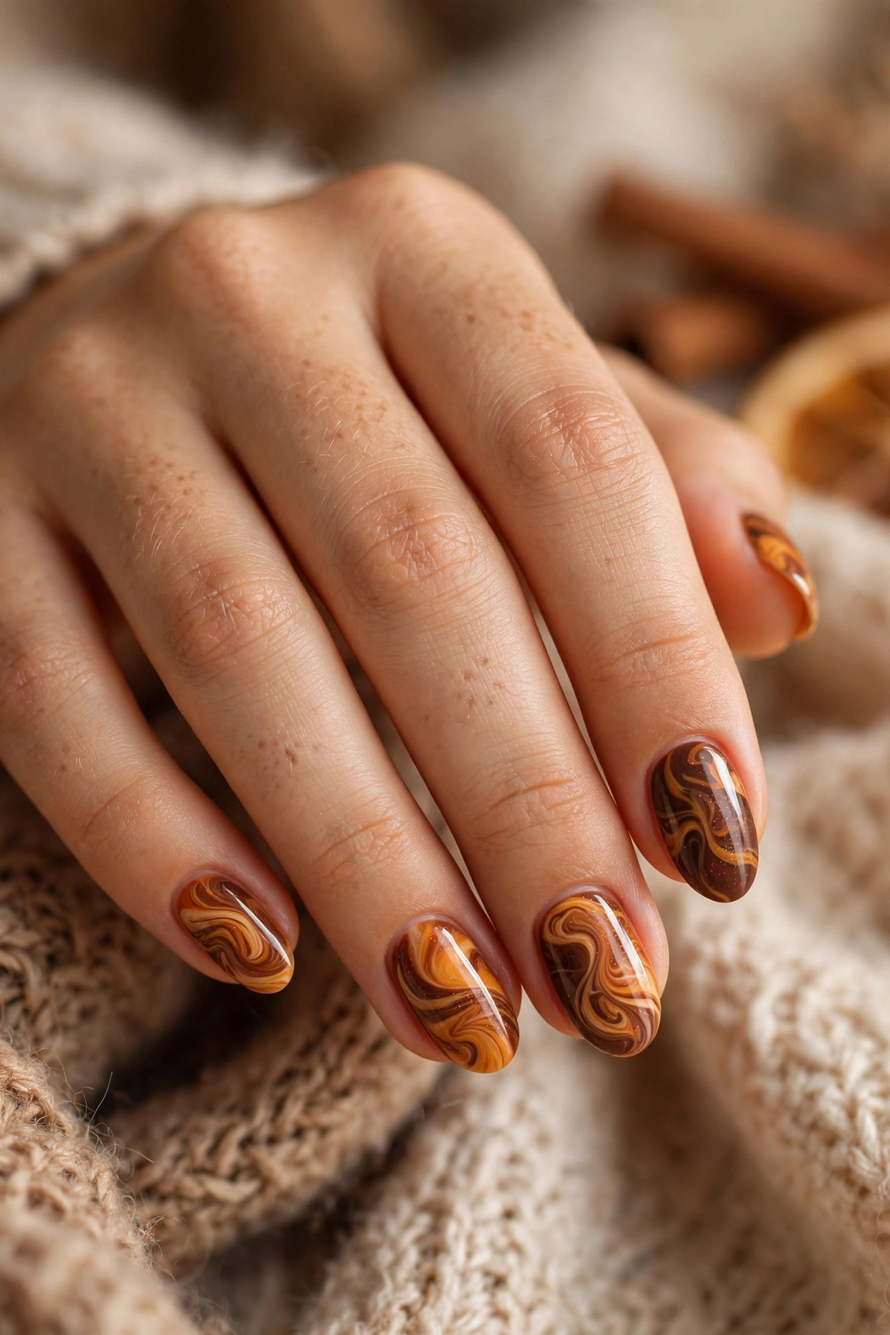 Teen hand with pumpkin spice swirl nail art in orange and brown