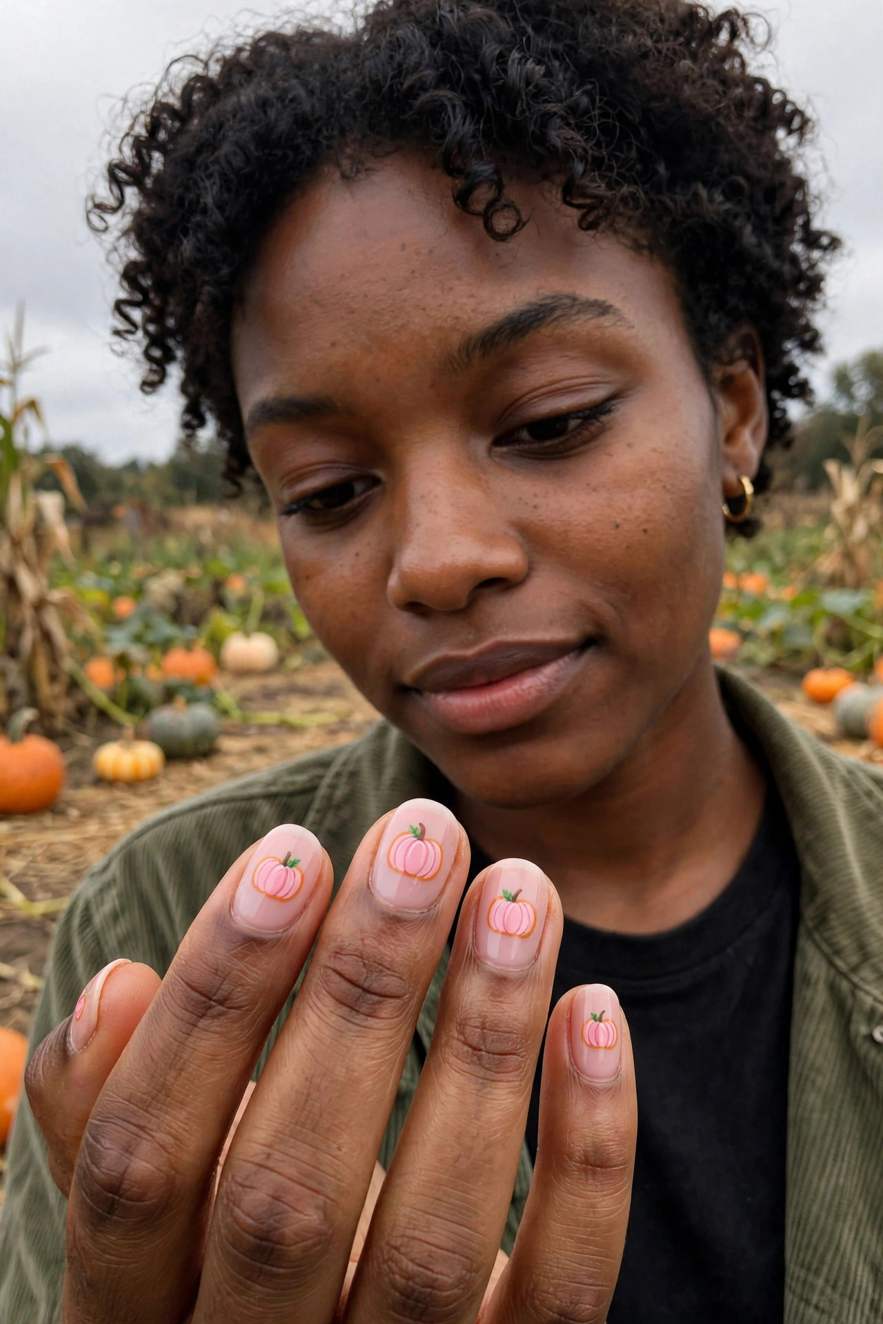 Short oval nails with pink pumpkins and orange rims on a blush pink base