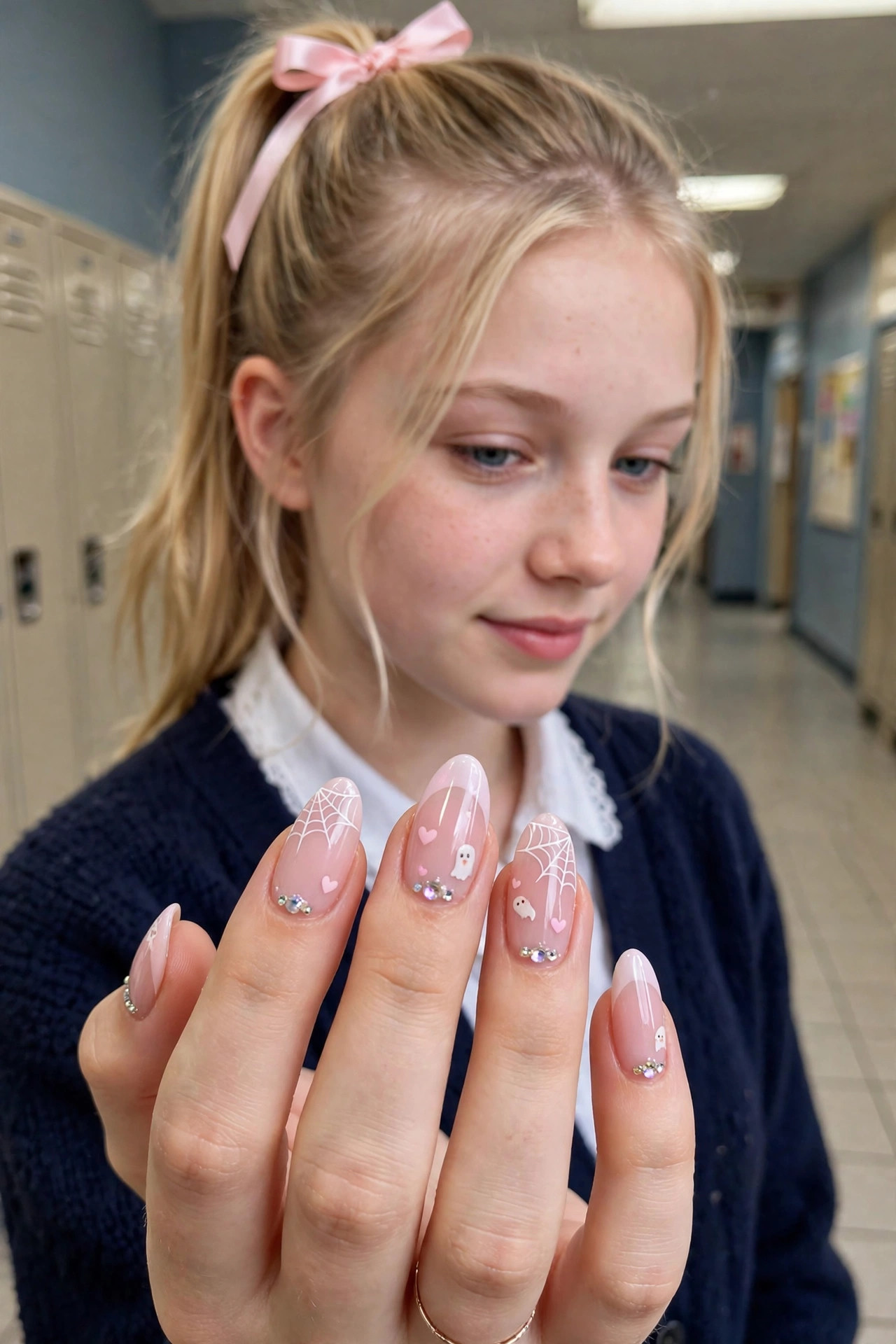 Teen nails with milky pink French tips, delicate webs, tiny ghosts, and rhinestones