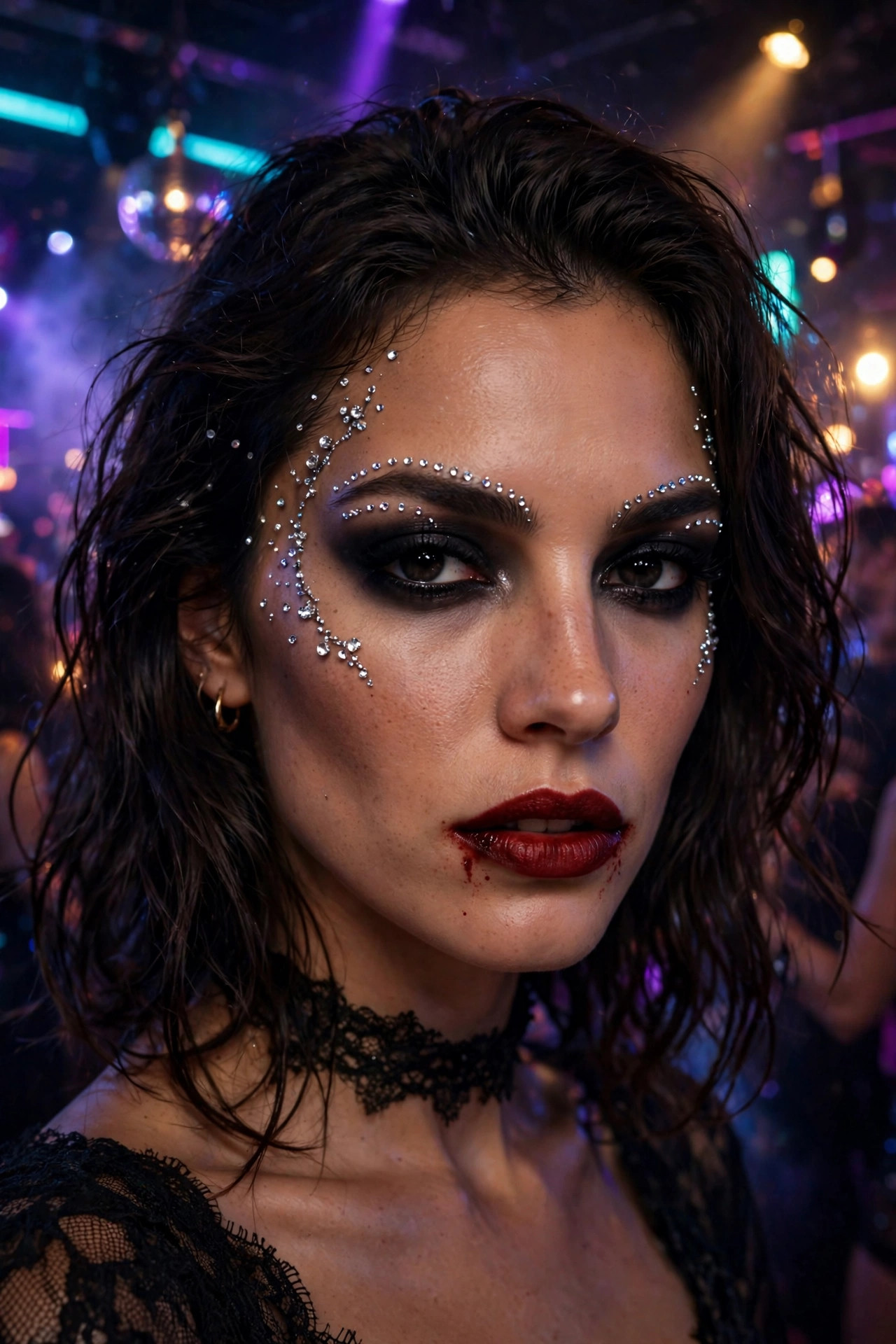 Woman with vampire makeup decorated with rhinestones around the eyes
