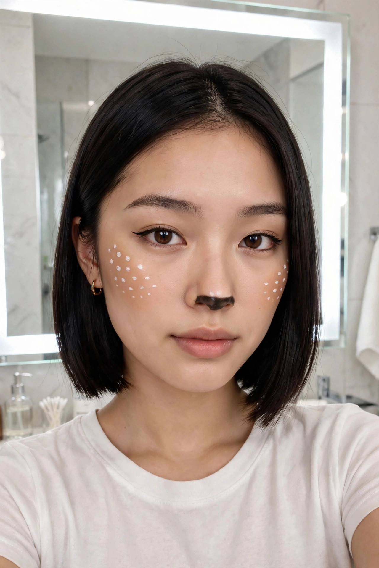 Woman with minimal deer makeup, soft contour and small fawn spots, natural everyday finish