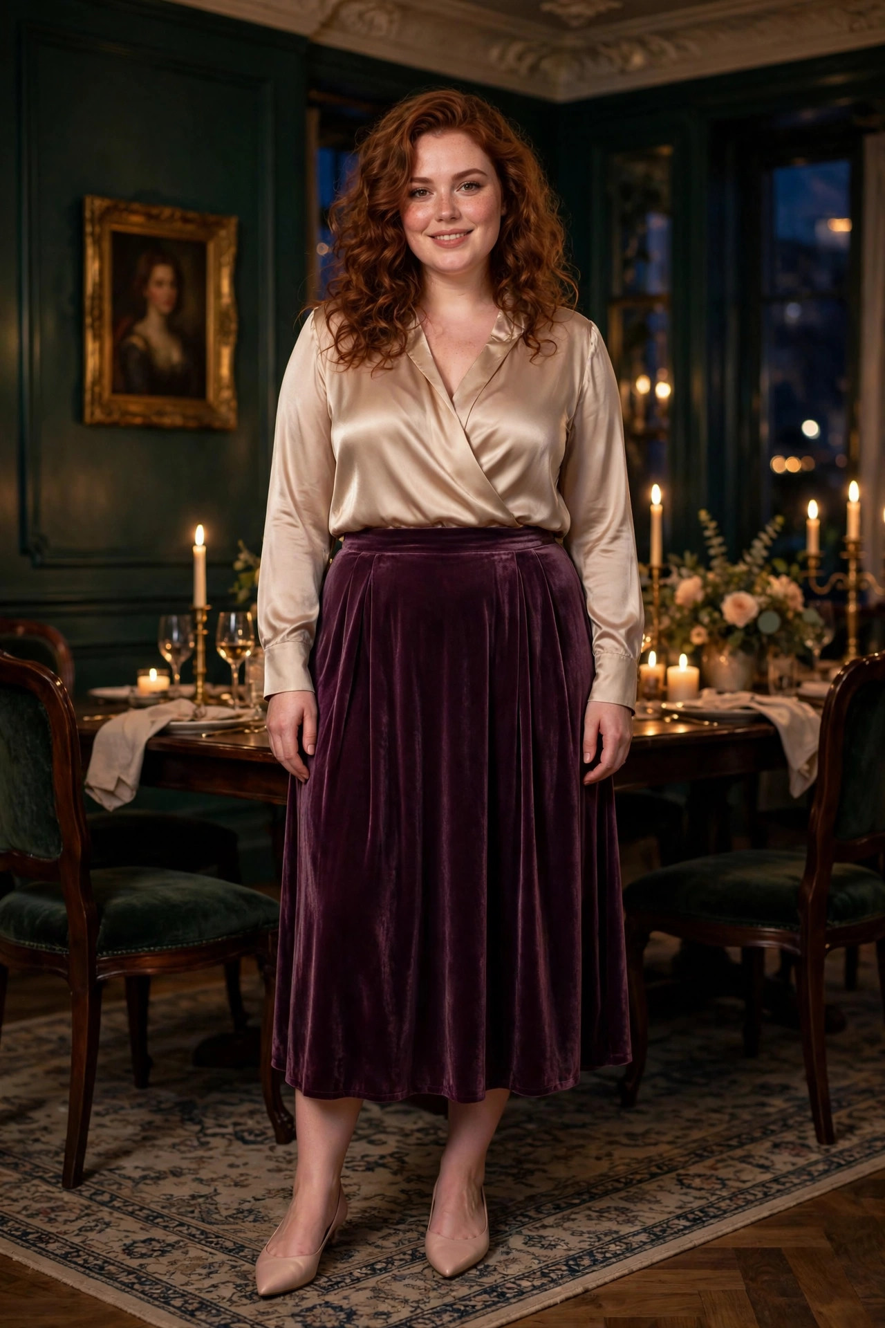 Plus-size woman in a plum velvet midi skirt and satin blouse in an elegant dining room in the evening