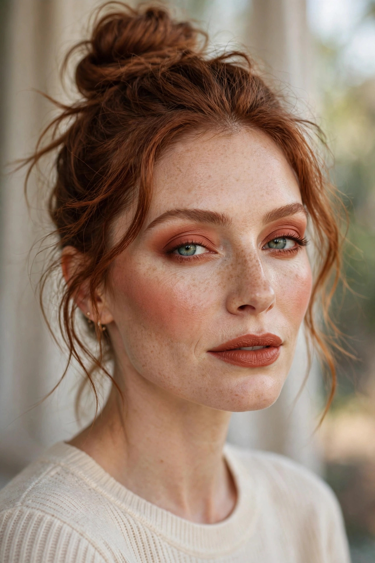 Woman with terracotta-toned makeup across eyes, cheeks and lips in a cohesive warm look