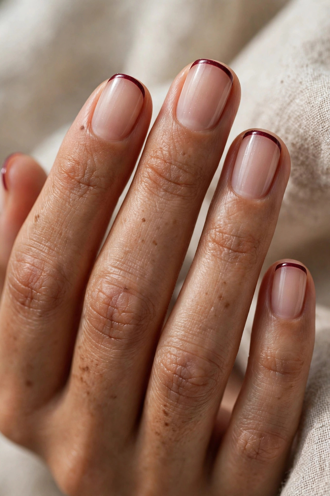 Short nails with thin burgundy micro French tips on a nude base