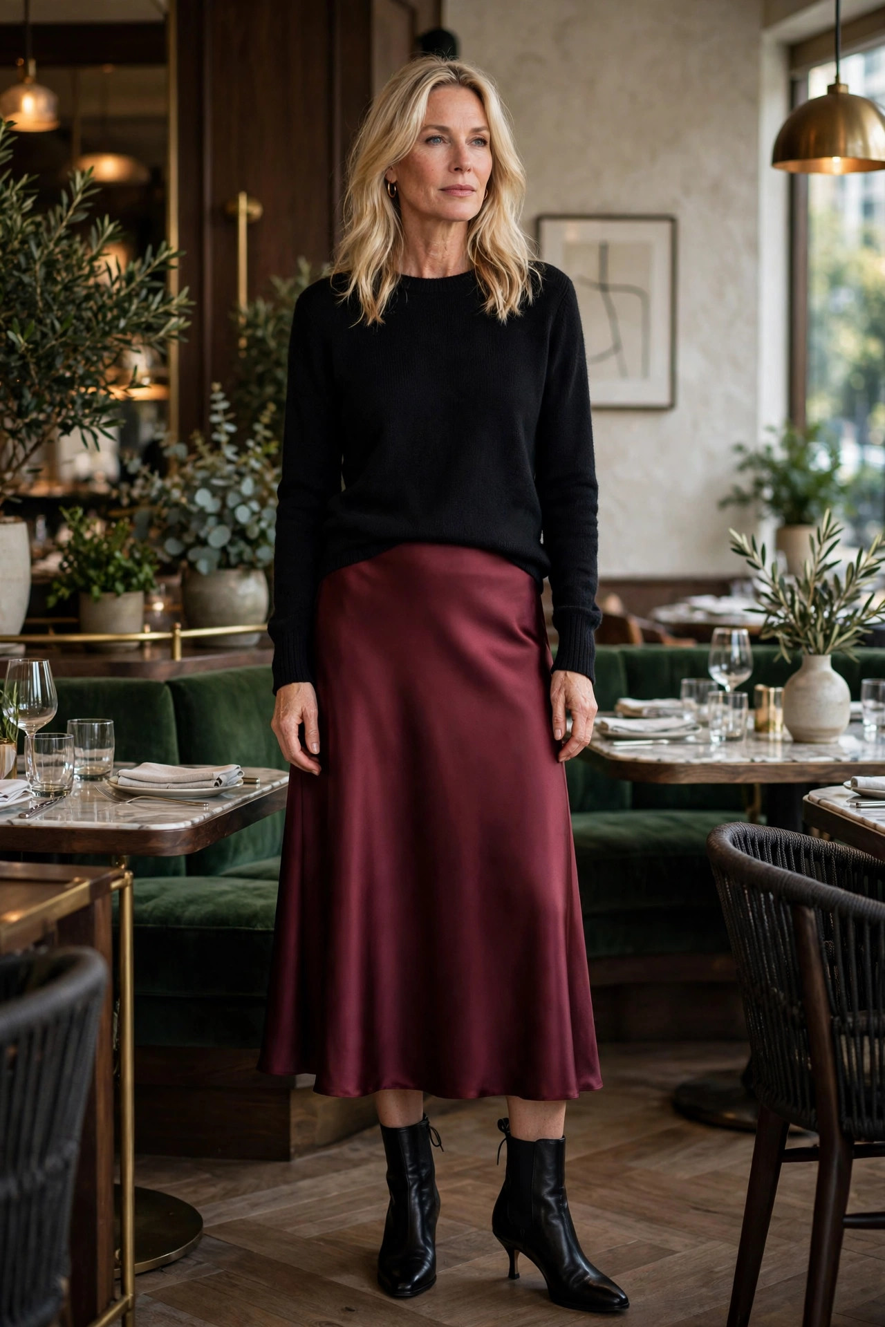 Blonde woman in her forties wearing a burgundy satin midi skirt with a fine-knit black sweater at a restaurant