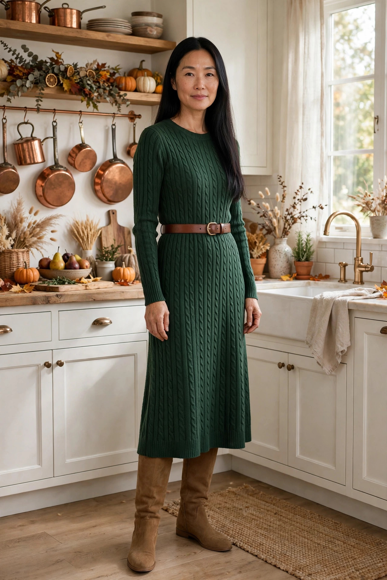 Woman in a forest green knit midi dress with a leather belt in a kitchen