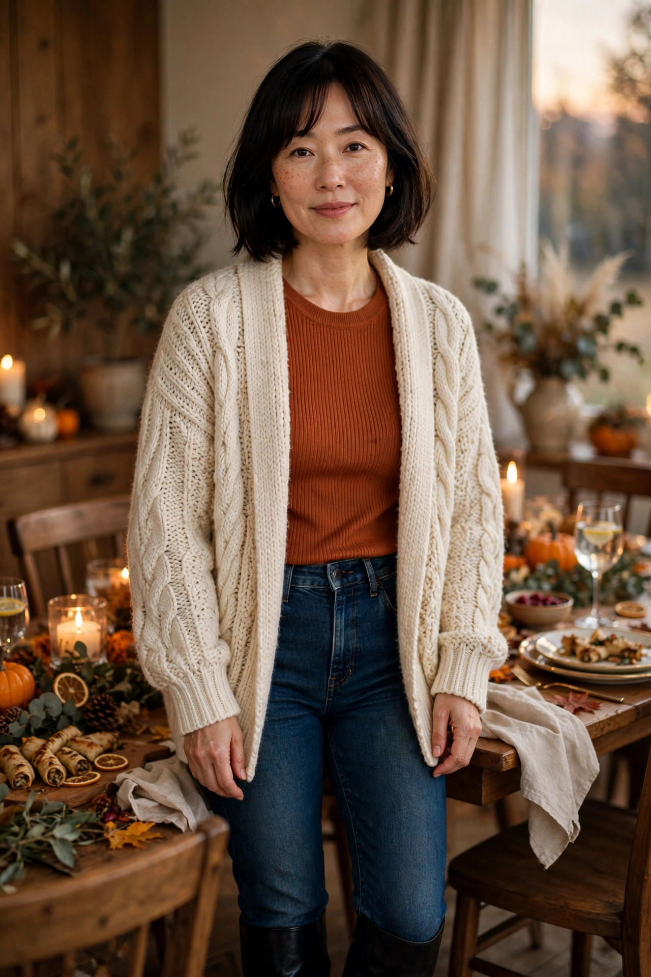 Woman in her 40s wearing a chunky cardigan over a ribbed top with dark denim