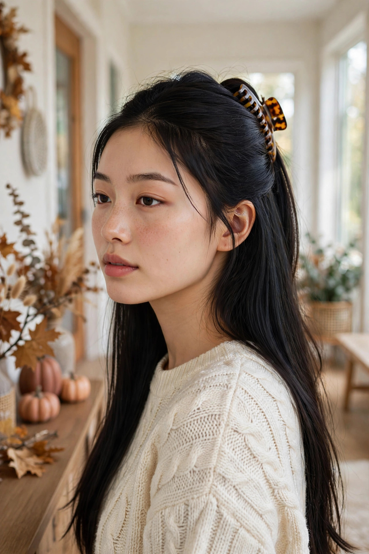Young woman with a half-up claw clip hairstyle in a hallway