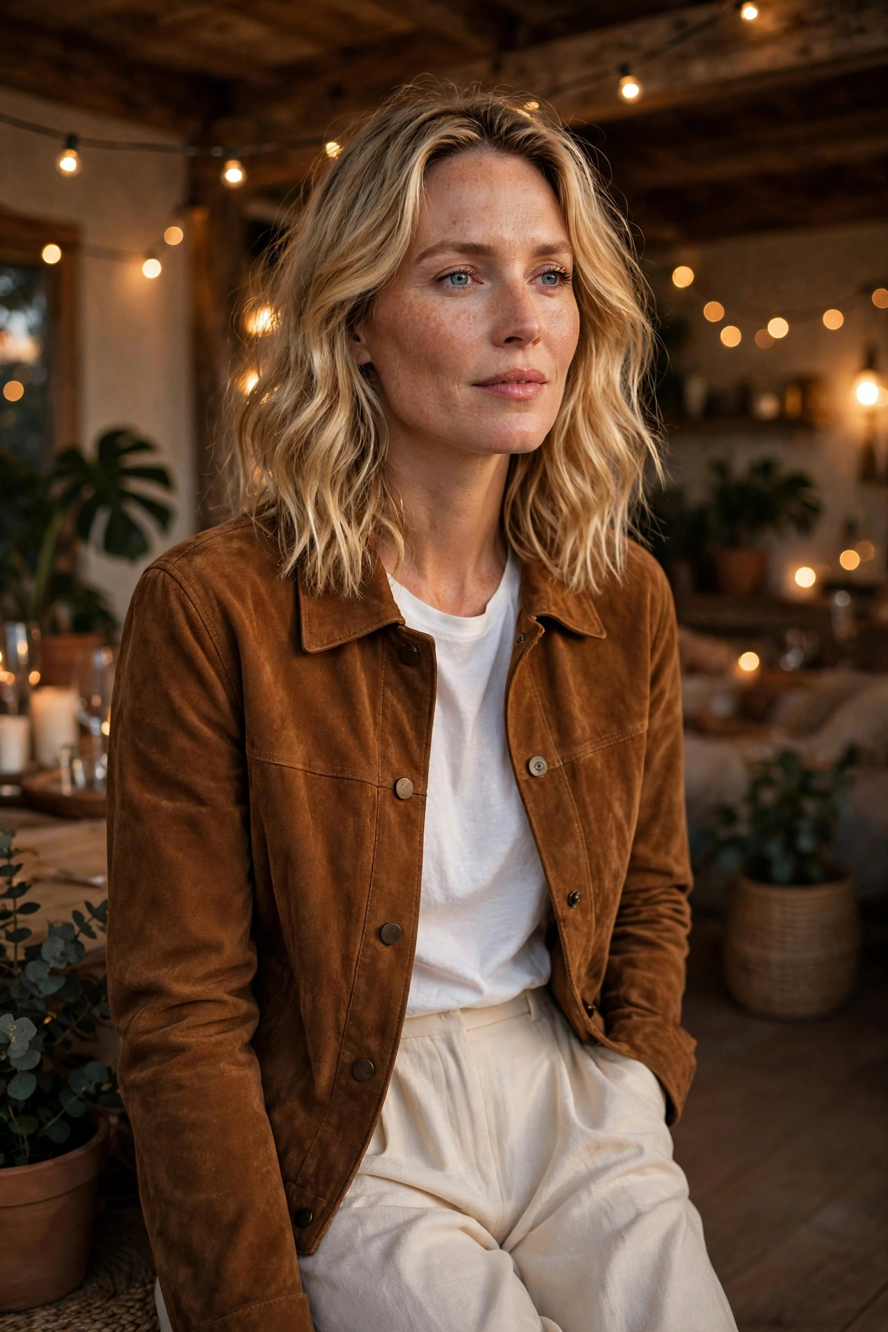 Woman in a suede jacket with a tee and wide-leg trousers at a house party