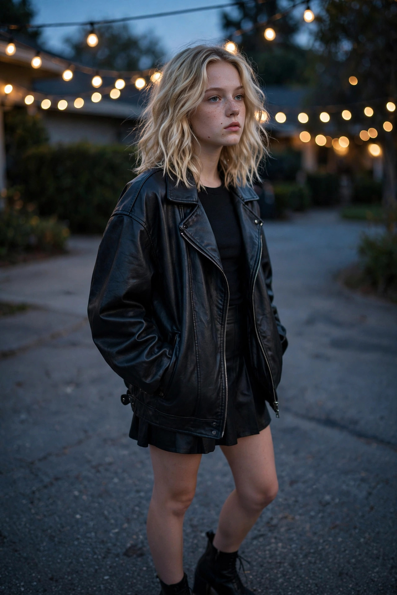 Teen girl in a faux-leather jacket with a black top and mini skirt in a driveway