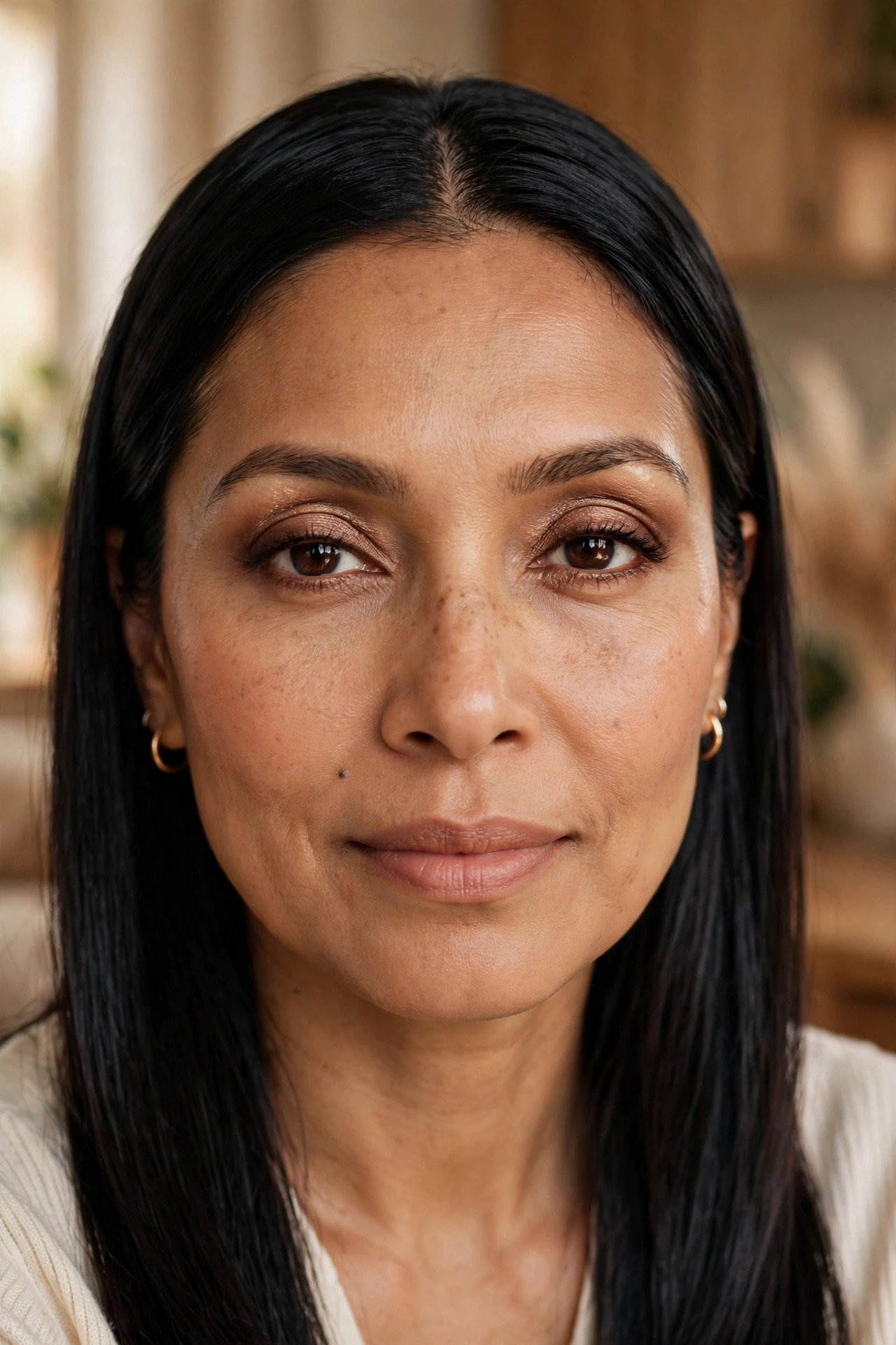 South Asian woman with sleek straight hair wearing soft bronze eyeshadow and brown eyeliner