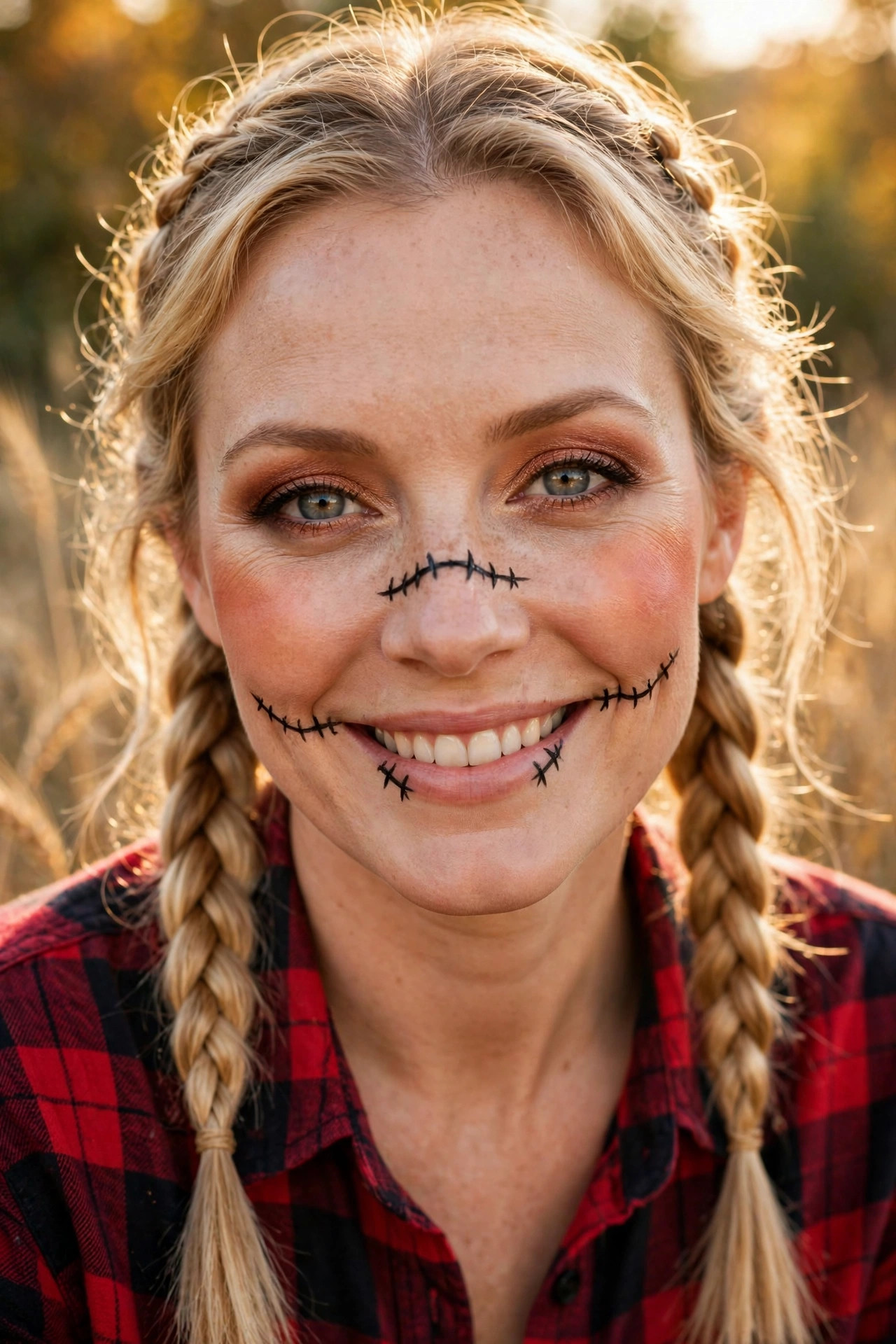 Woman with scarecrow Halloween makeup, stitched smile lines and warm copper eyeshadow