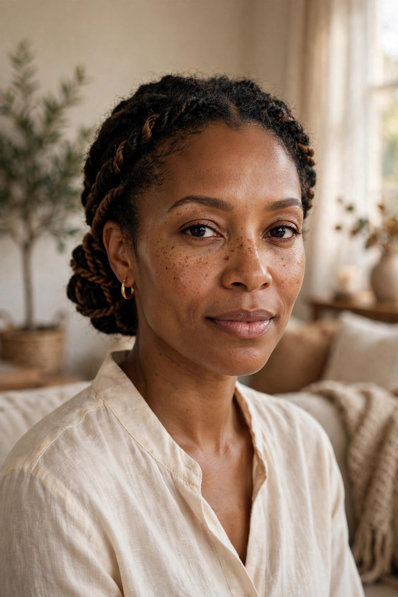 Black woman in her mid 30s with natural hair styled in a low chignon with twist accents in a warm living room