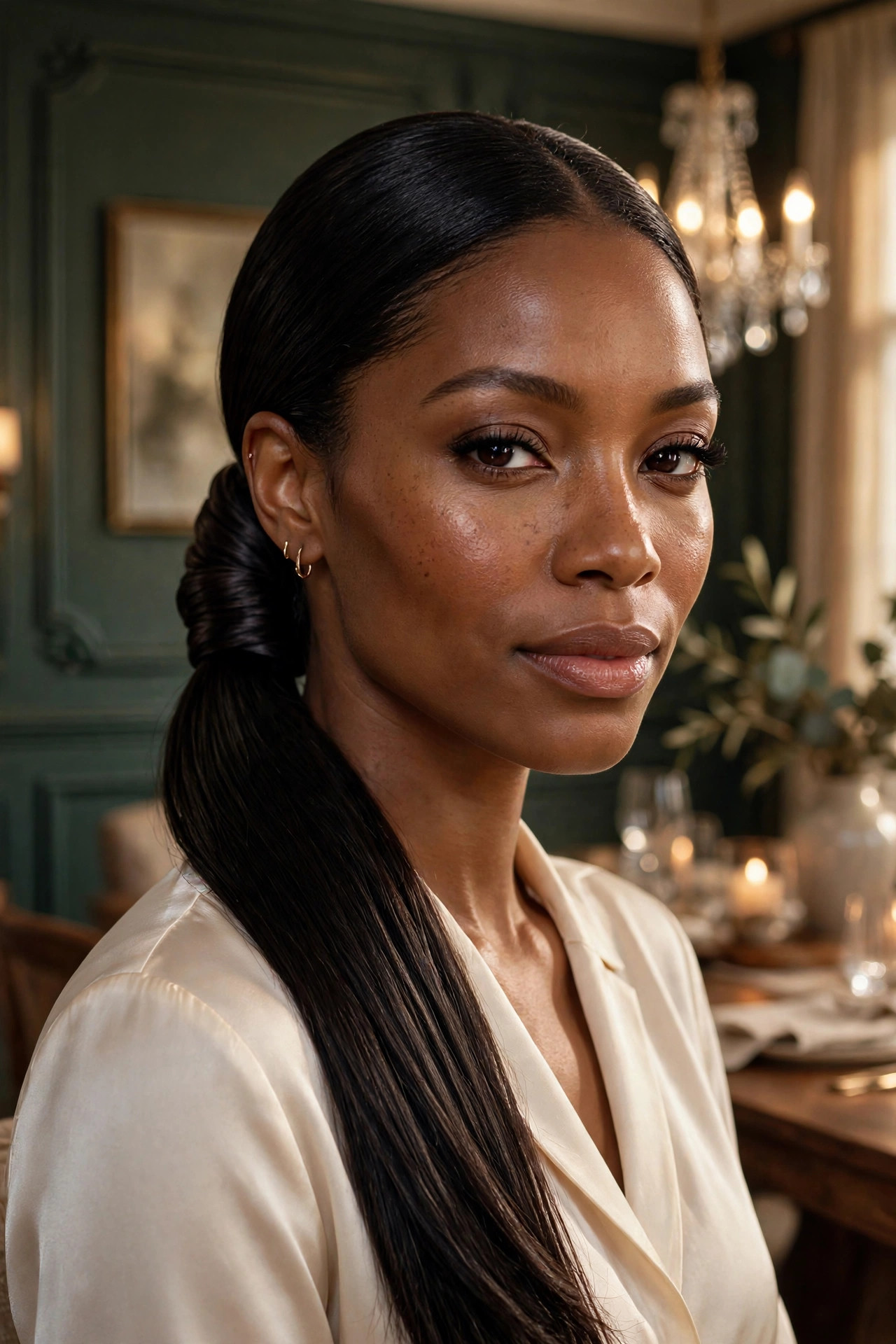 Black woman in her early 30s with long hair in a low ponytail with the base wrapped in hair in a dining room