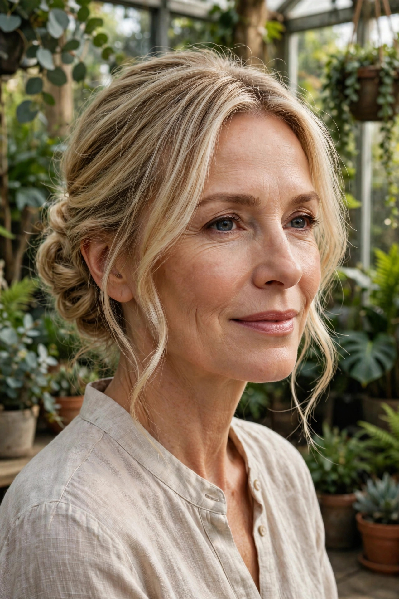 Woman in her mid 50s with blonde hair in a soft low bun with face-framing tendrils in a garden room