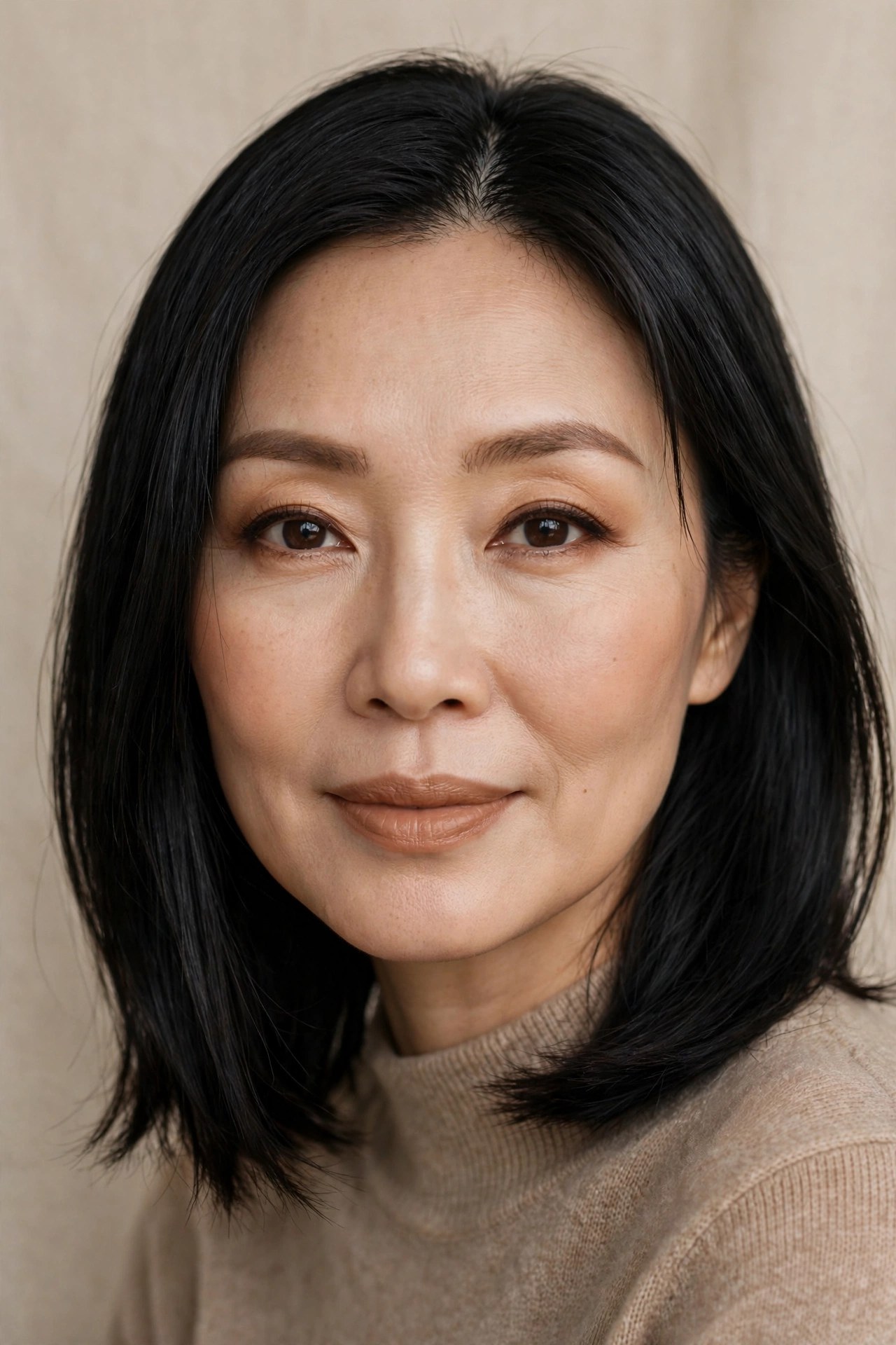 East Asian woman in her mid-40s with a warm latte-toned monochrome makeup look