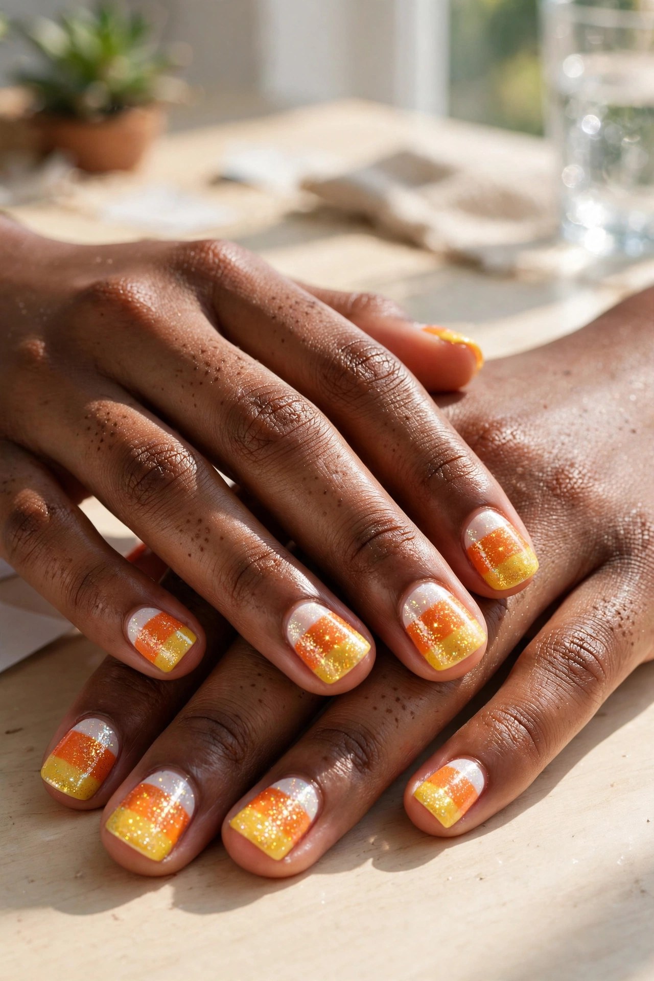 Teen hands with deep brown skin and short round nails with candy corn stripe designs