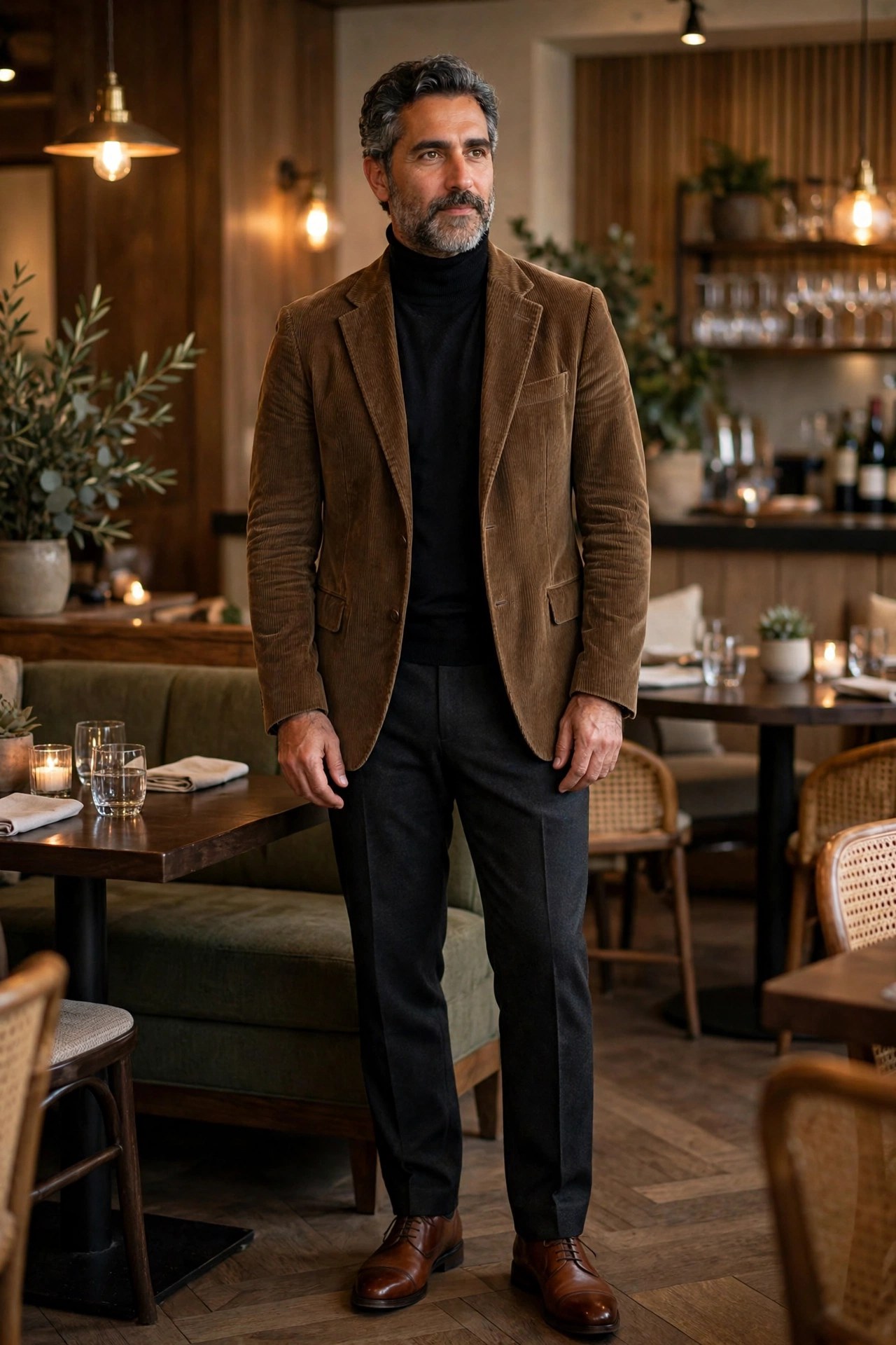 Man in his 40s with a salt-and-pepper beard wearing a corduroy blazer and turtleneck in a restaurant