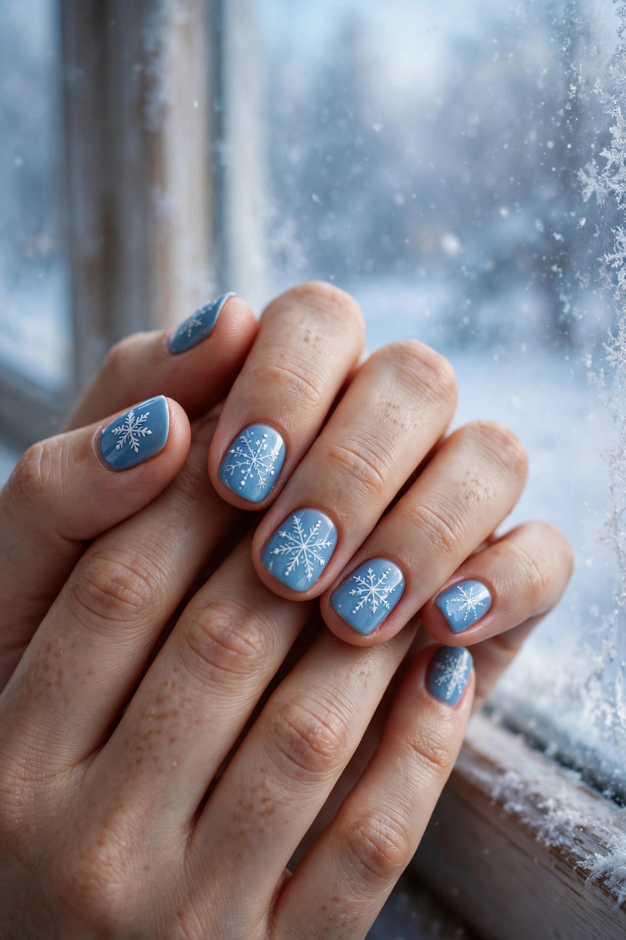 Hands with light skin and short round nails with white snowflake designs on icy blue polish