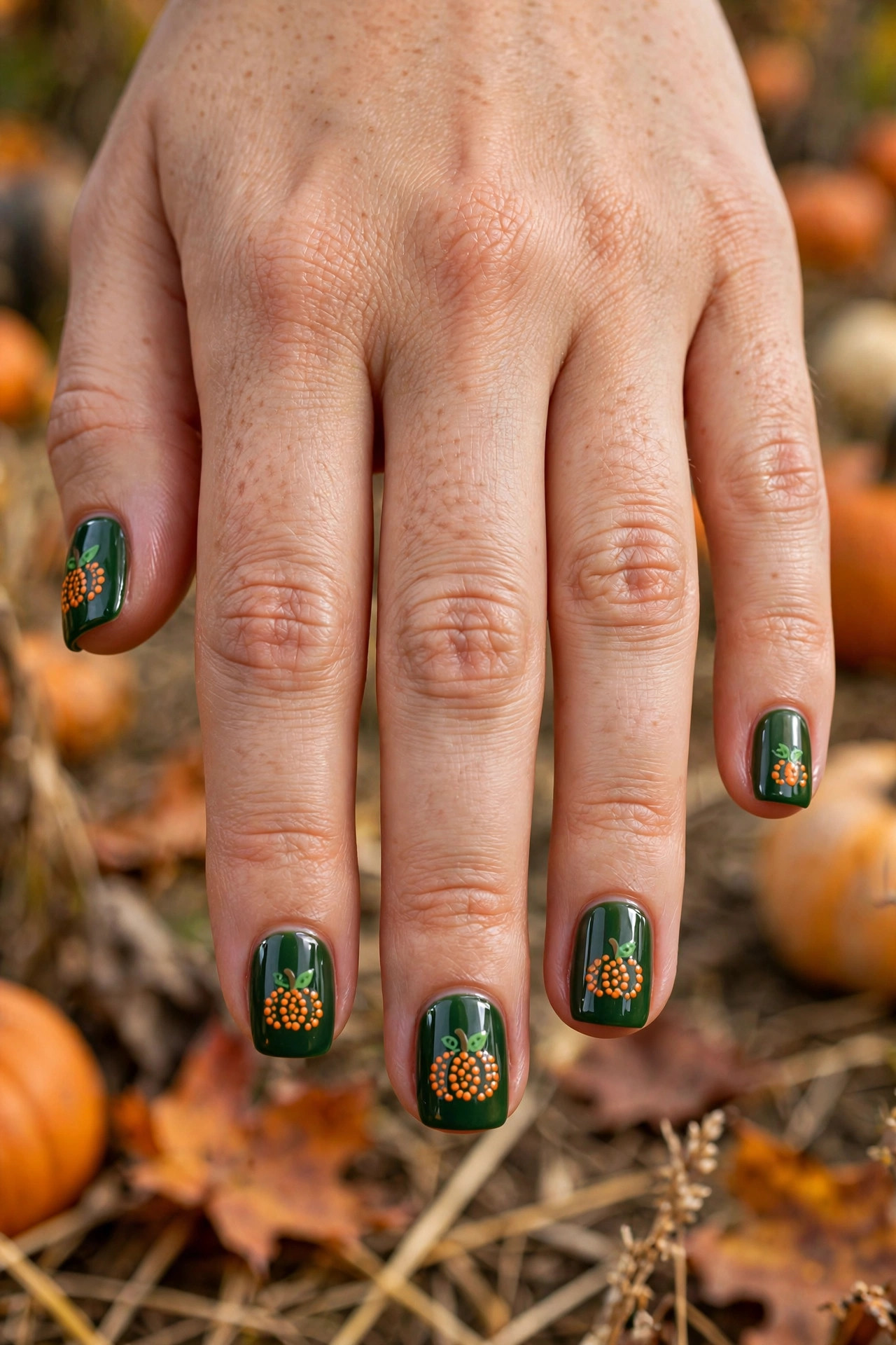 Short square nails with cute pumpkin nail art made from orange dots