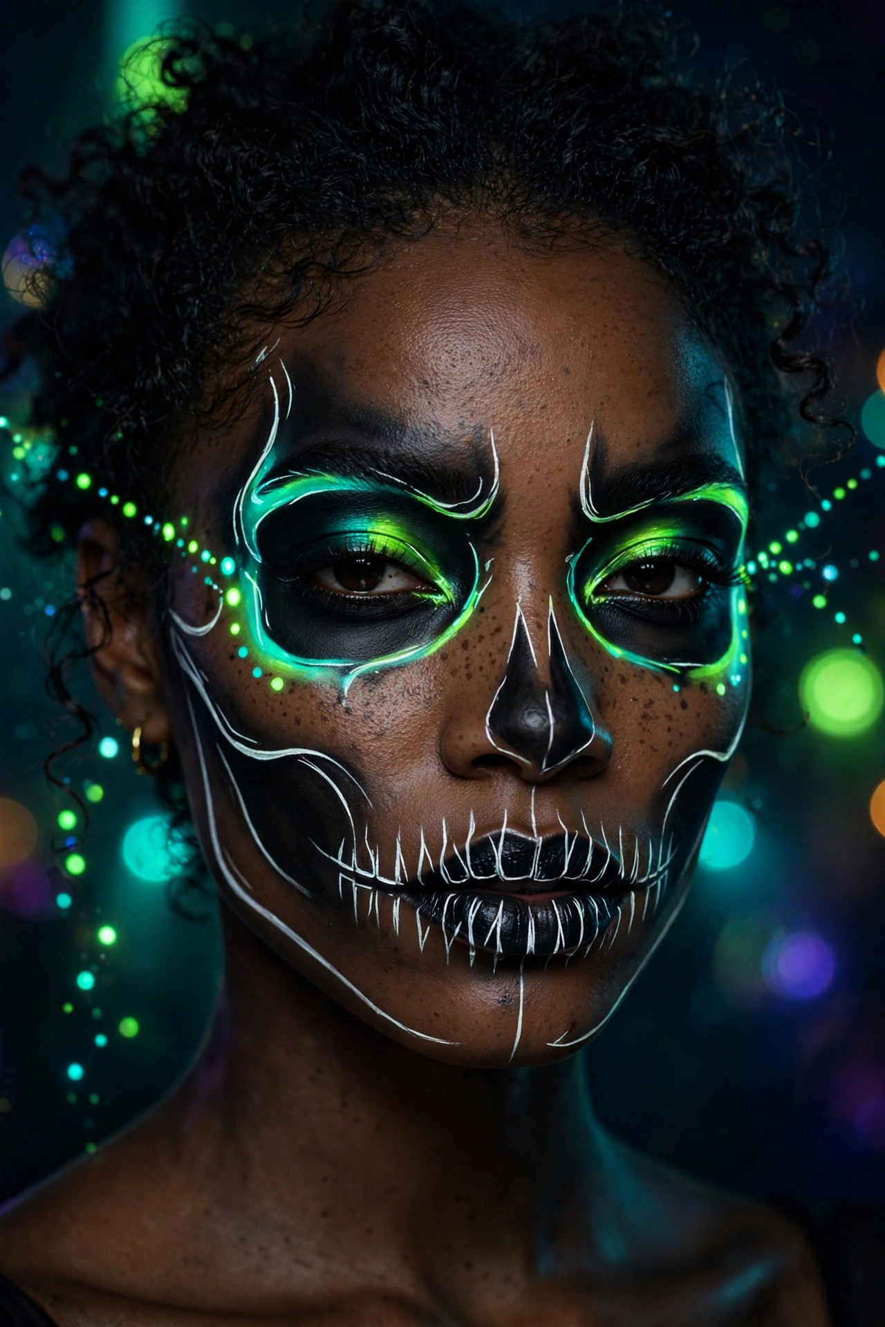 Woman with neon green and black glowing skull Halloween makeup at night