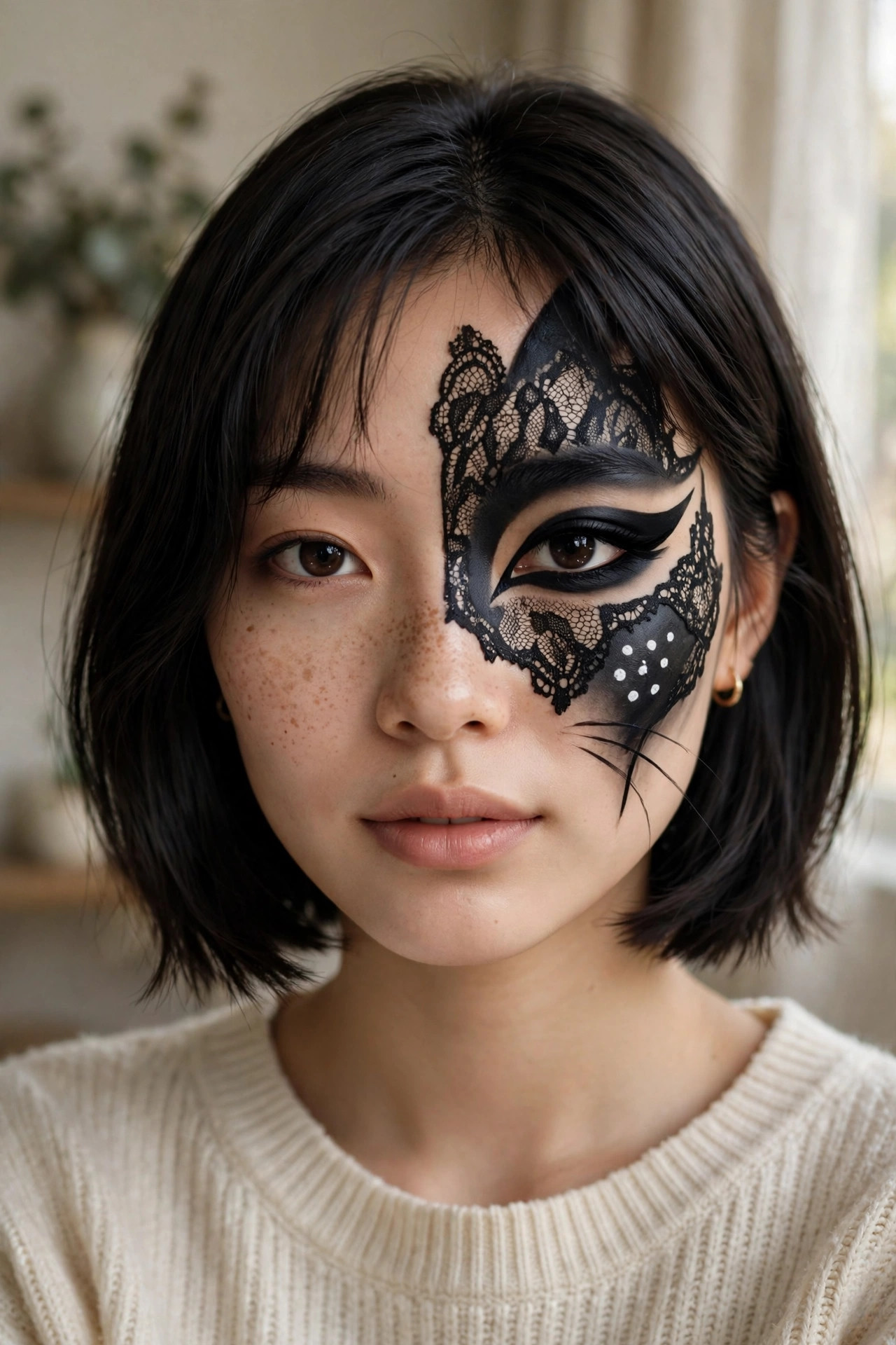Teen girl with half-face cat mask Halloween makeup, lace pattern illusion on one side