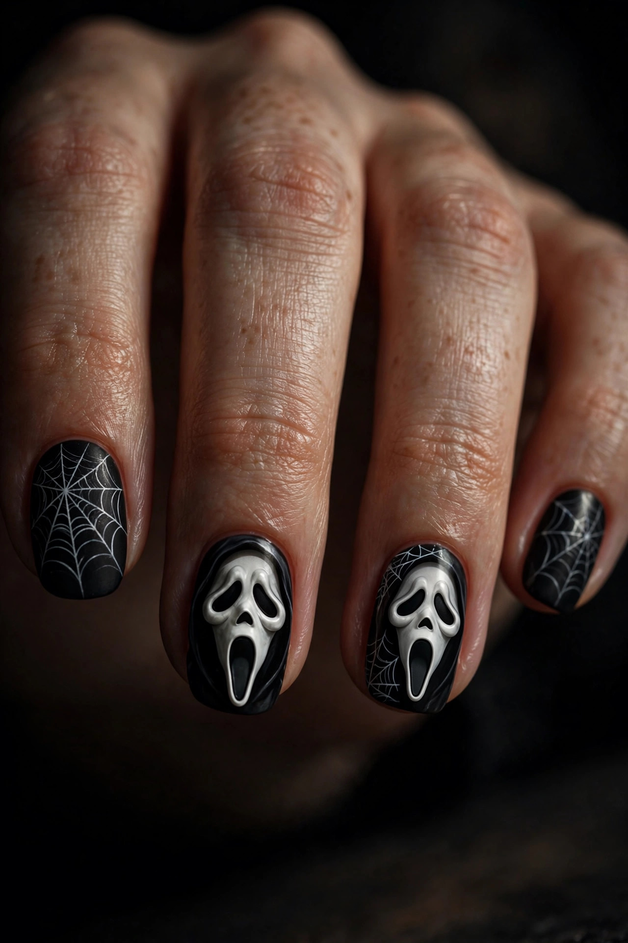 Teen hand with Ghostface mask nail art combined with spiderweb designs