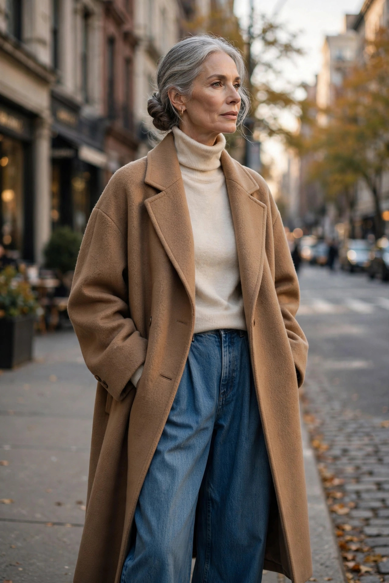 Elegant woman in her fifties with silver hair wearing an oversized camel coat over a cream turtleneck and wide-leg jeans on a city avenue