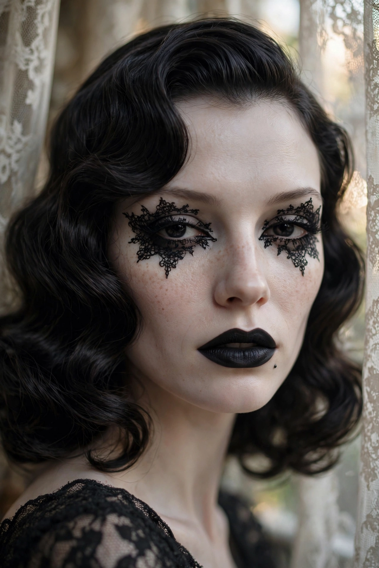 Photorealistic portrait of a woman wearing gothic black lace-pattern witch makeup