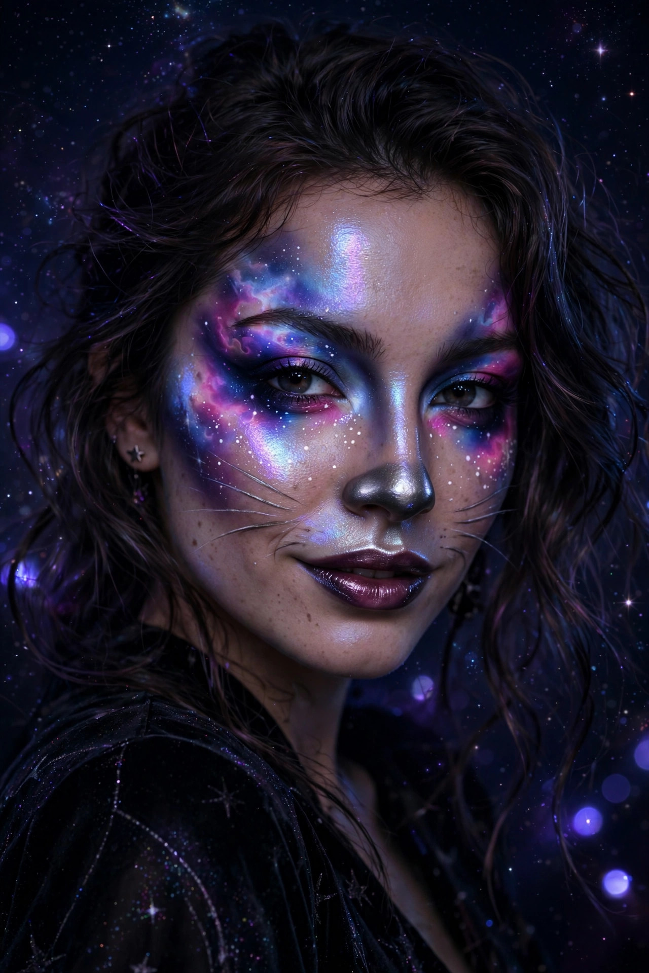 Woman with galaxy cat makeup for Halloween party, purple and blue nebula eyeshadow with star details