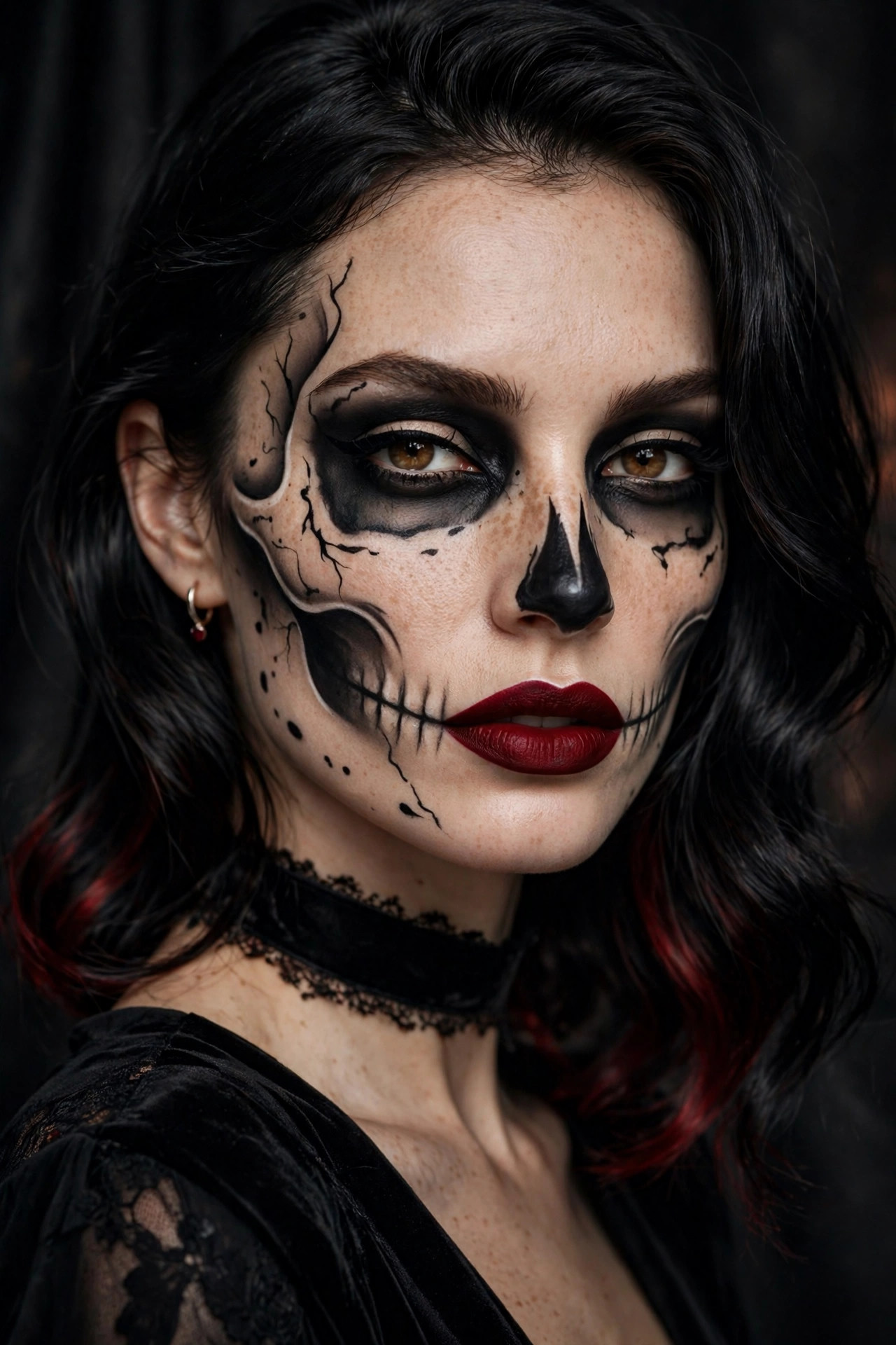 Woman with black and red vamp glam skull Halloween makeup