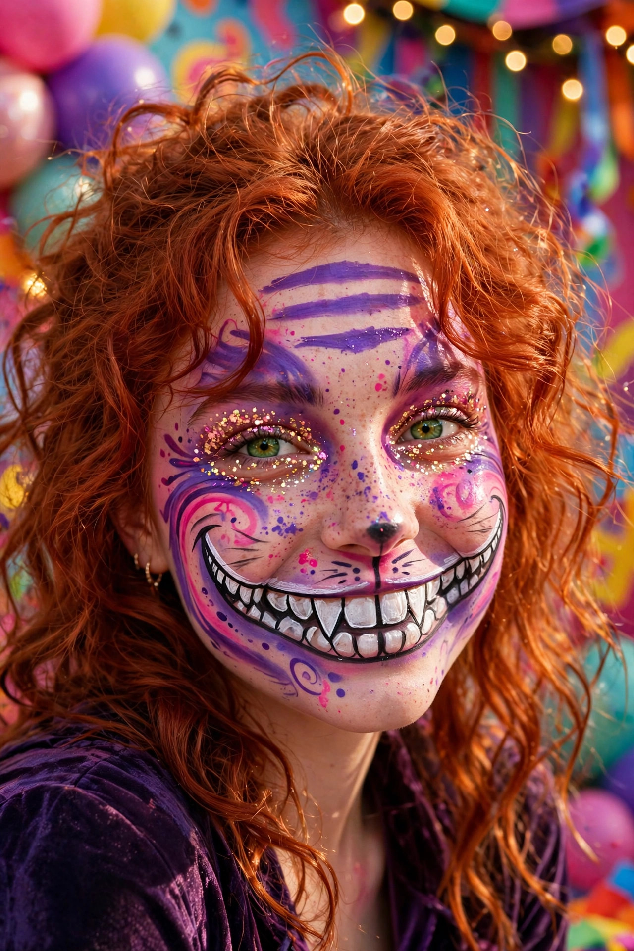 Woman with Cheshire cat Halloween makeup, purple tones, and exaggerated painted grin