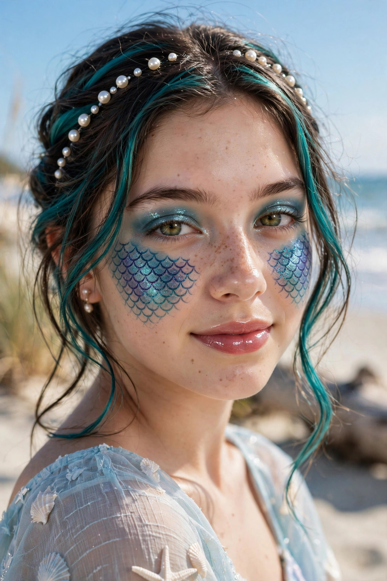 Teen girl with mermaid Halloween makeup, fishnet scale stencil pattern on cheeks