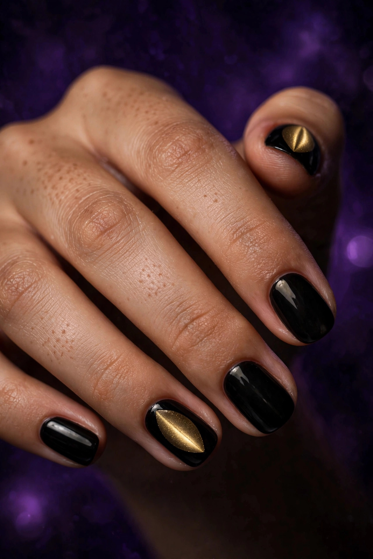 Teen hand with black nails and gold cat-eye nail decals