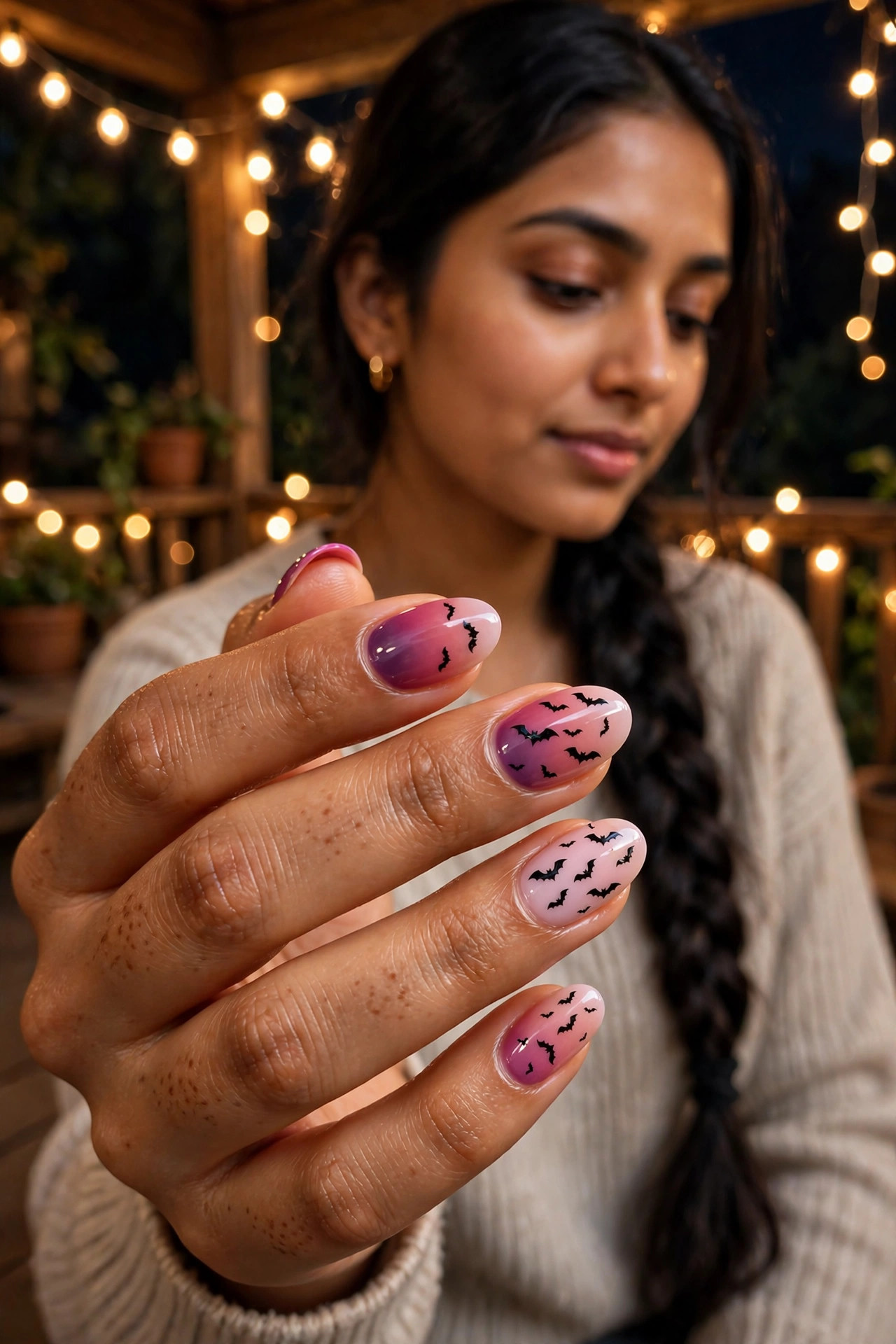 Short almond nails with tiny black bat silhouettes flying over a pink ombre base