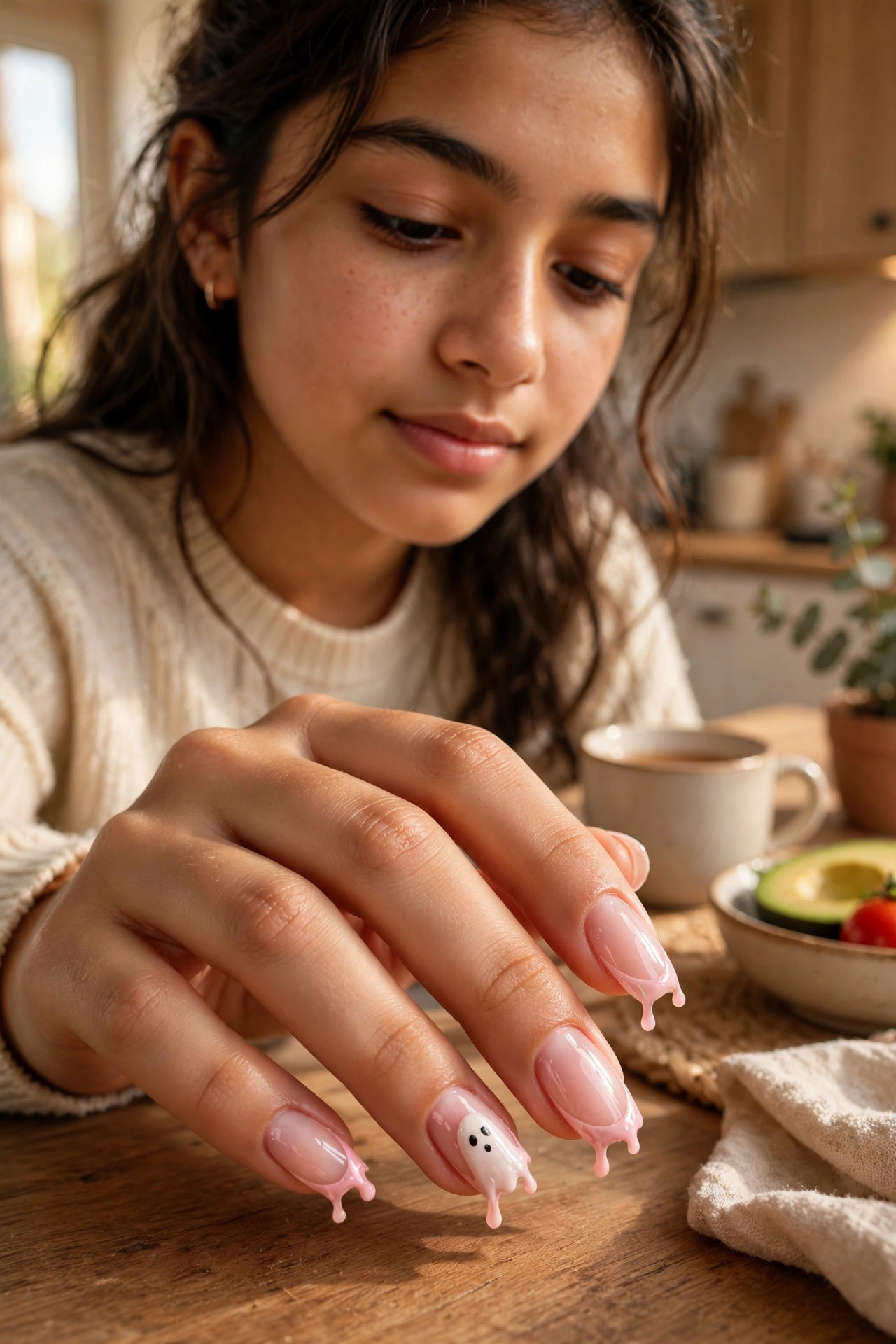 Teen hand with milky pink French tips with drippy edges and tiny ghost details