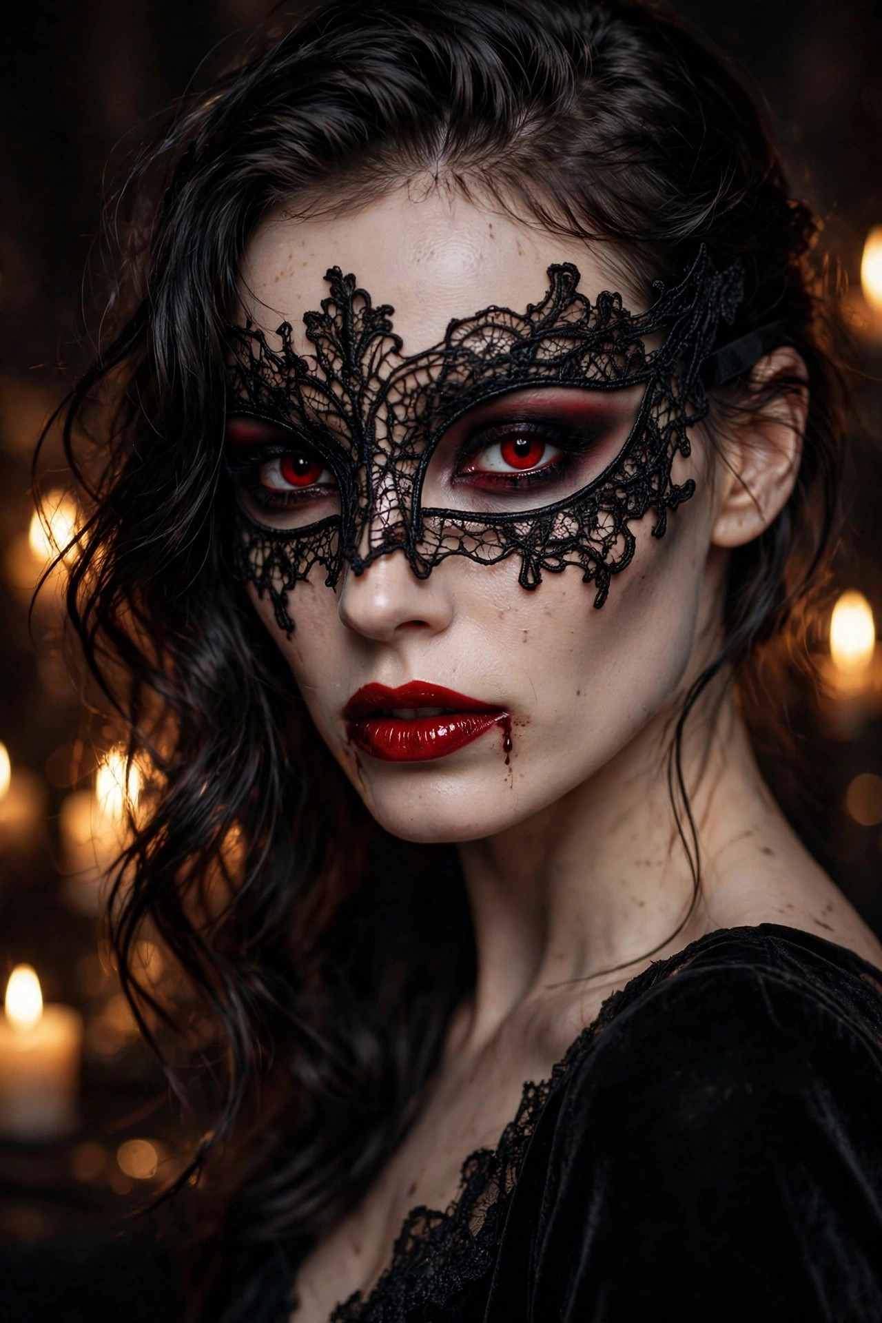 Woman with red contact lenses and deep smoky vampire makeup at a masquerade party