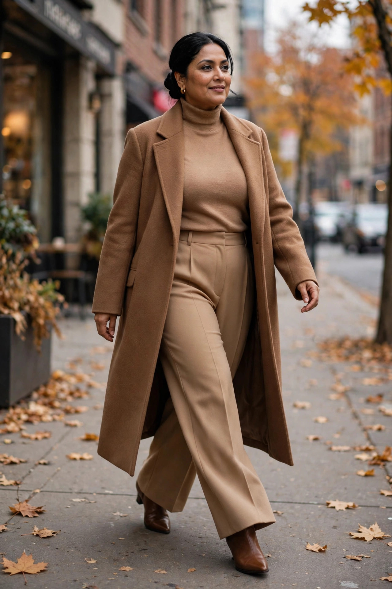 Plus-size woman in a camel turtleneck and matching wide-leg trousers walking on a city sidewalk in autumn