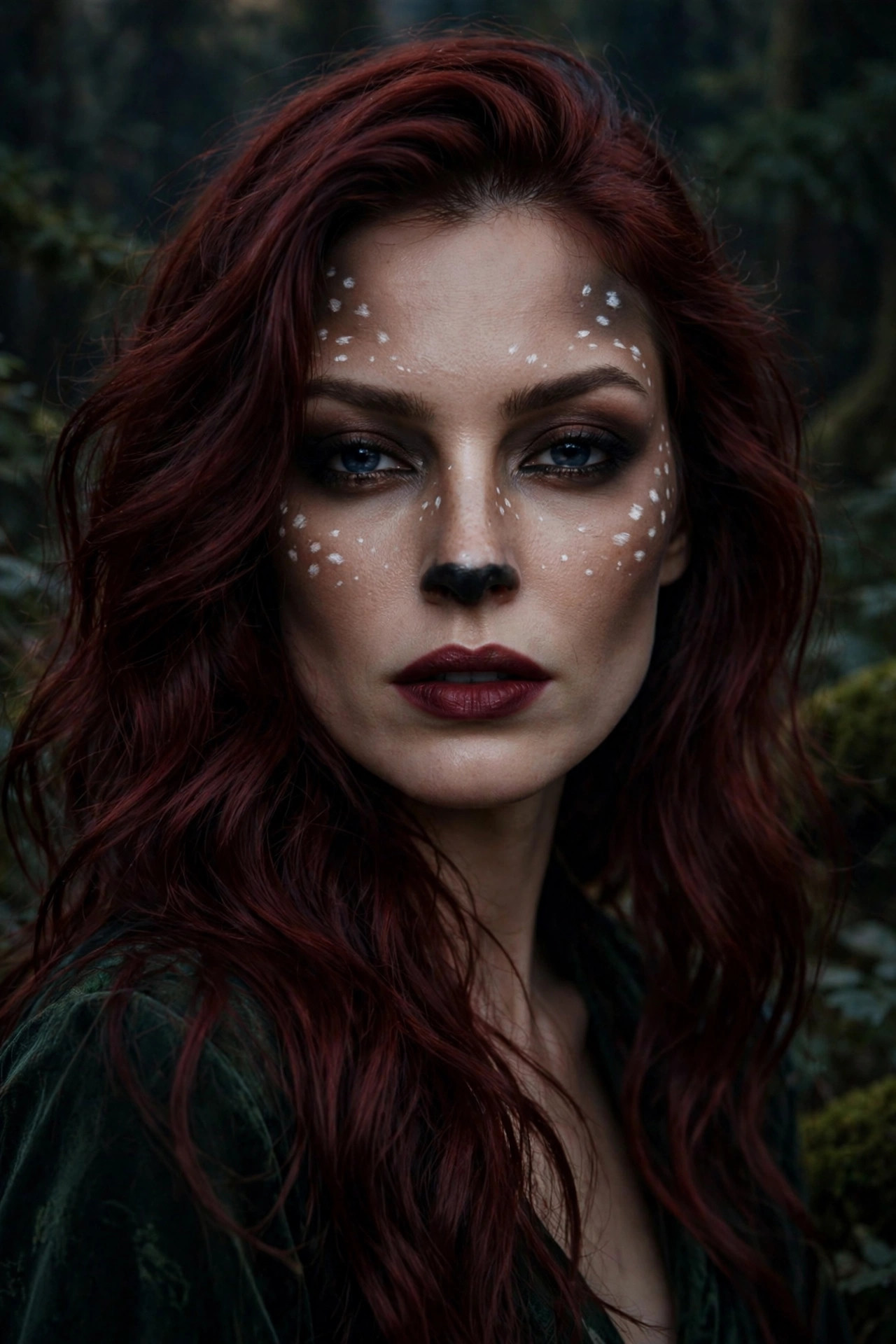 Woman with dark enchanted forest deer makeup, smoky brown eyes and deep berry lip