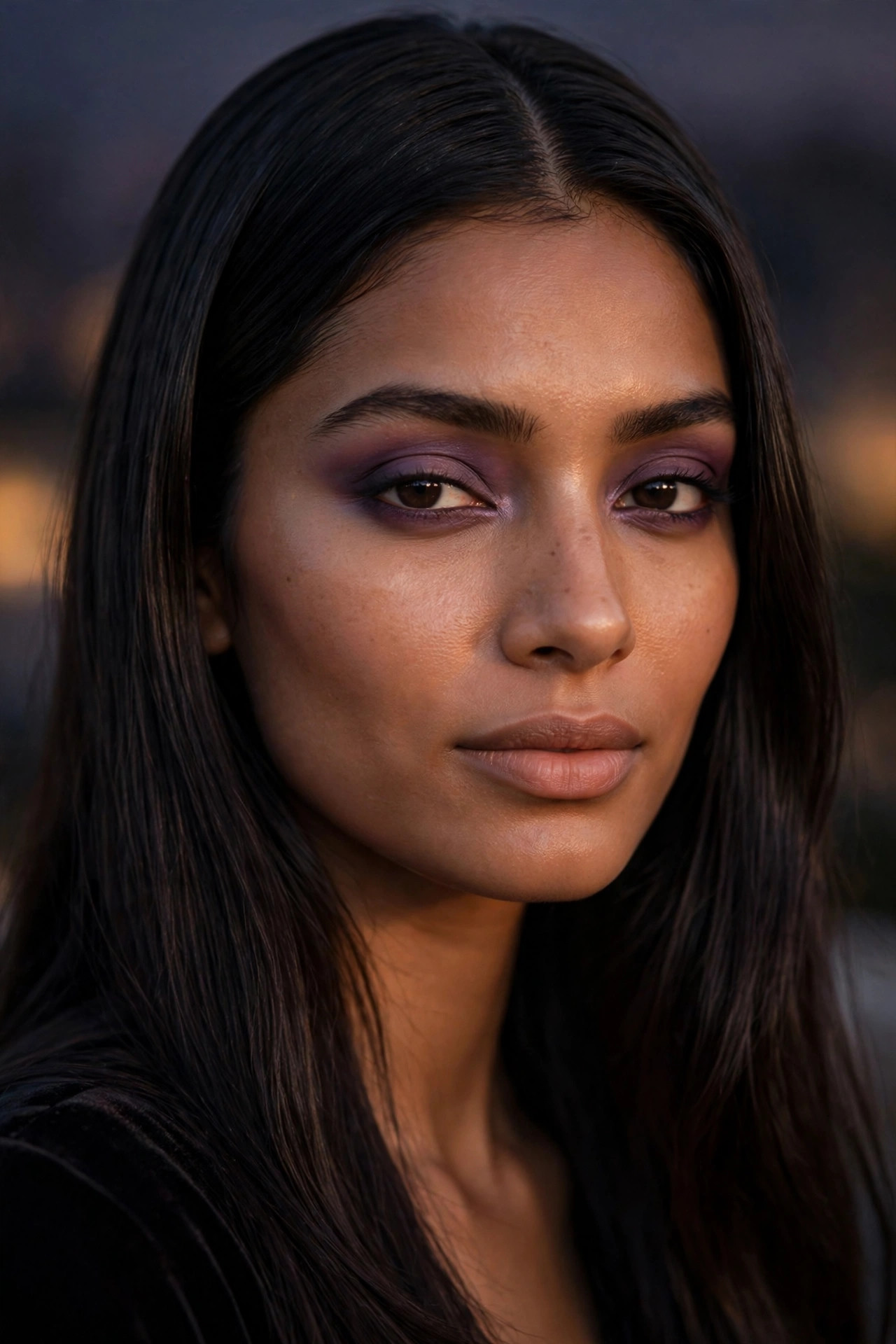 Close-up of a woman with a diffused plum smoky eye and soft blurred eyeliner