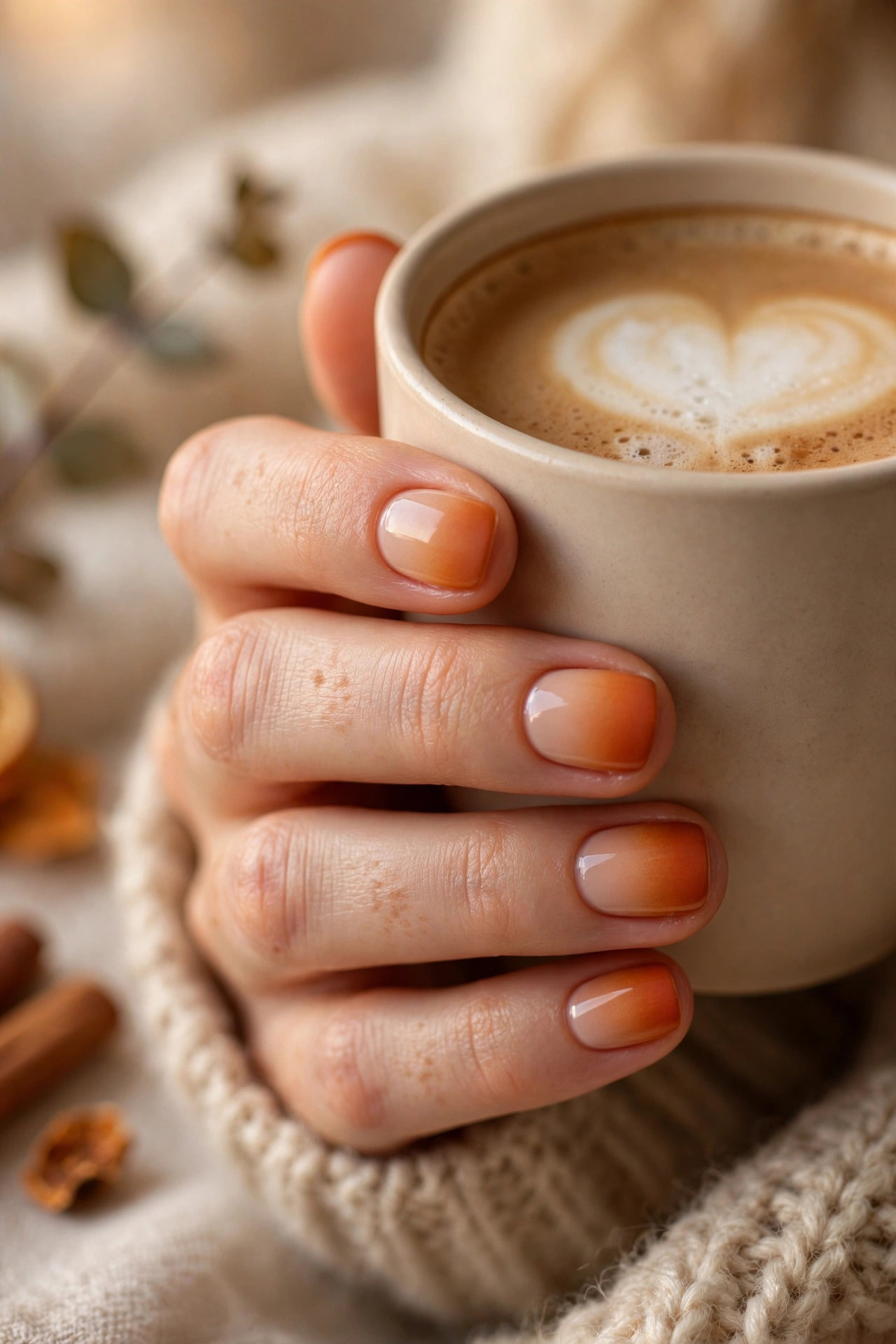 Short nails with a pumpkin spice ombre gradient from nude to burnt orange