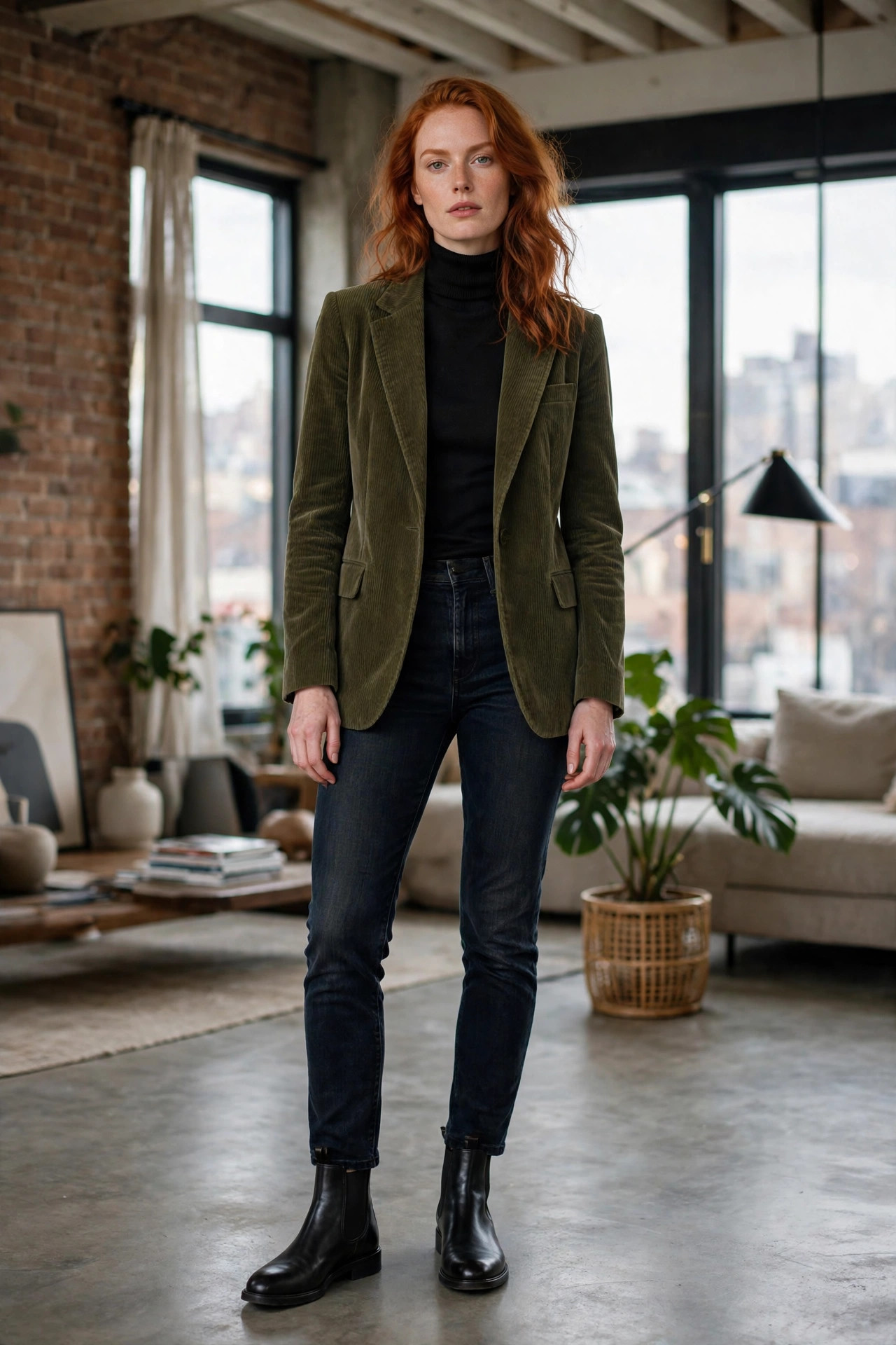 Redhead woman wearing a corduroy blazer over a turtleneck with dark jeans in a loft apartment