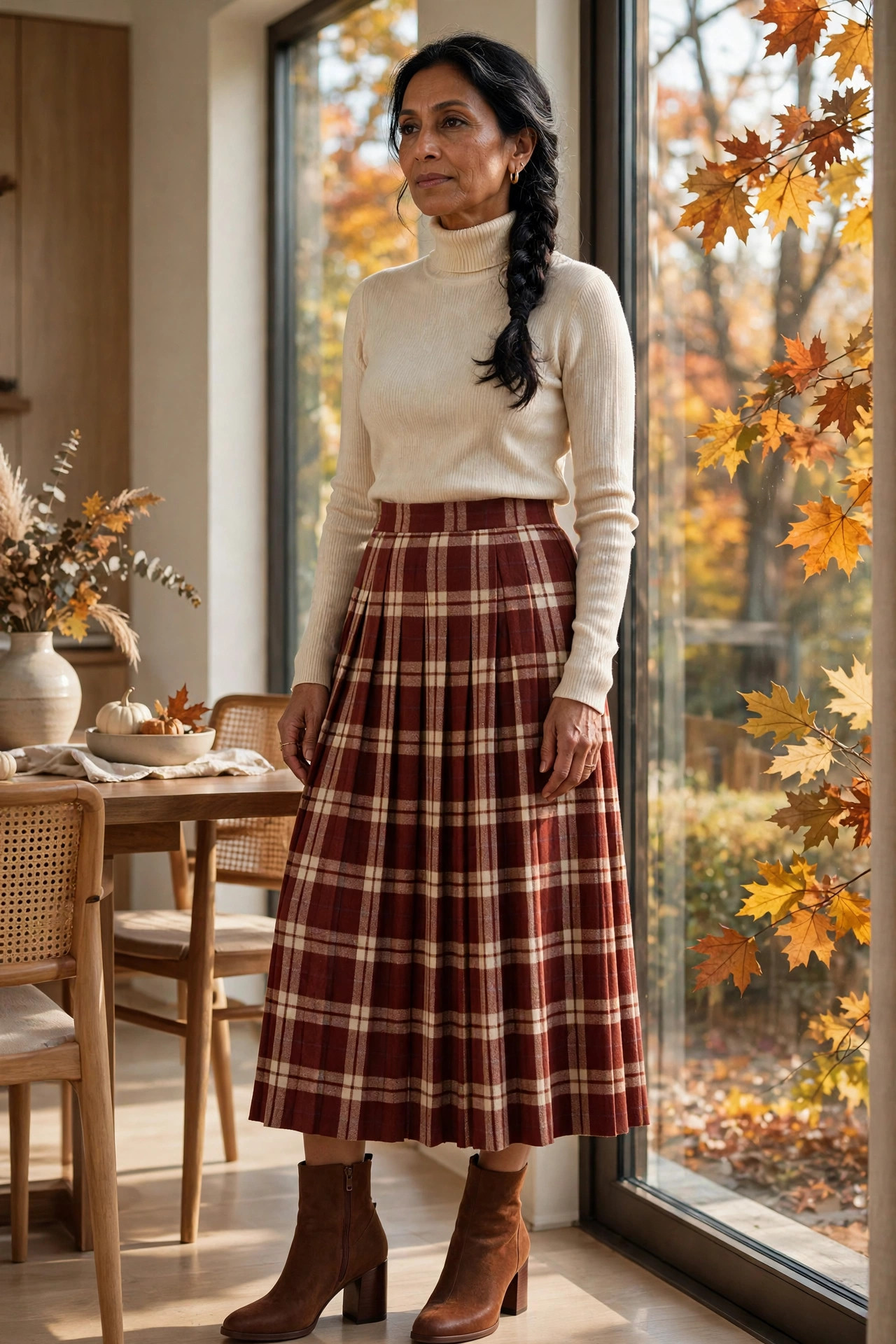Woman over 50 in a cream turtleneck with a pleated rust plaid midi skirt by a dining room window