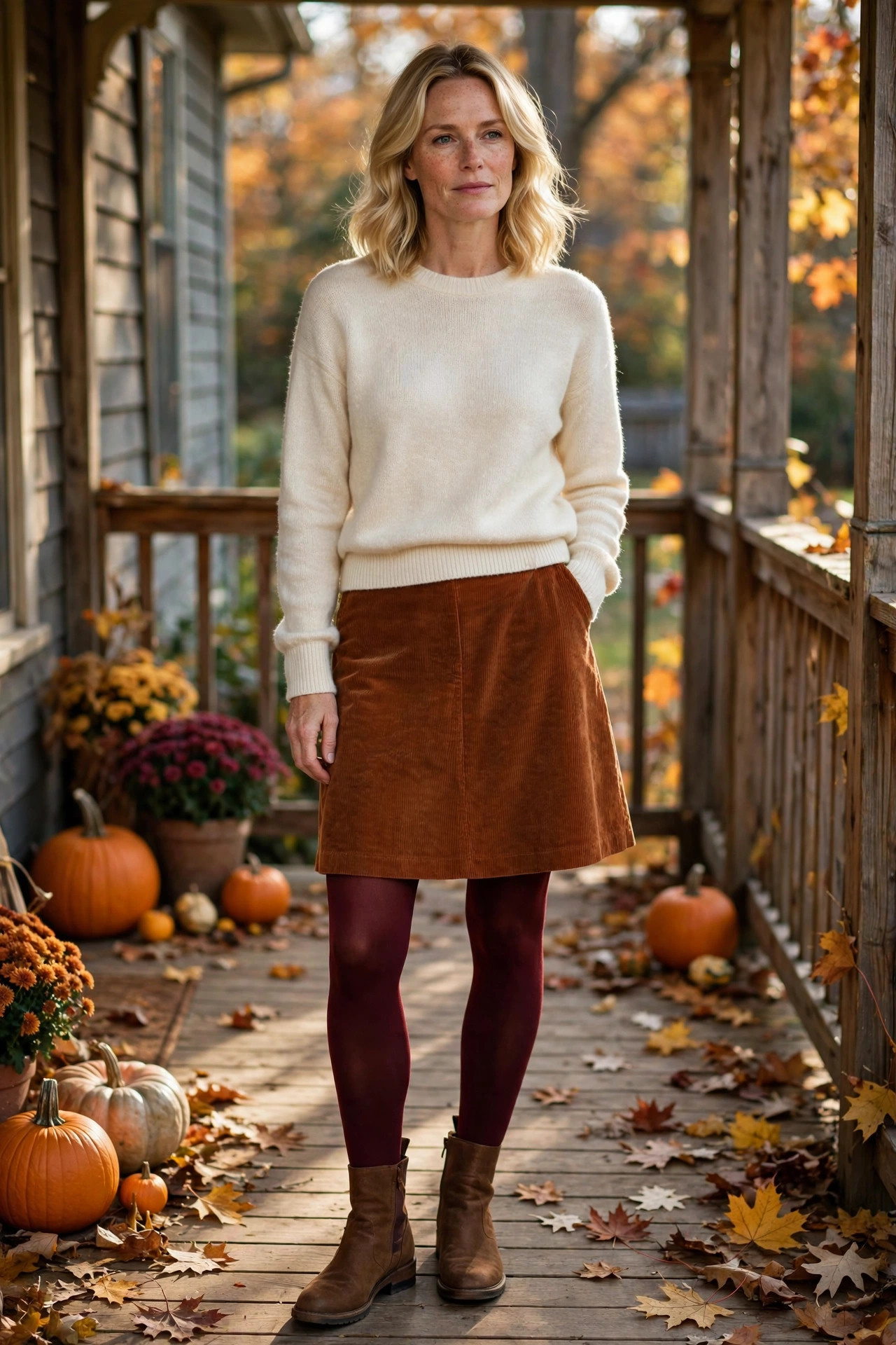Woman in a corduroy skirt with a cream sweater and tights on a porch
